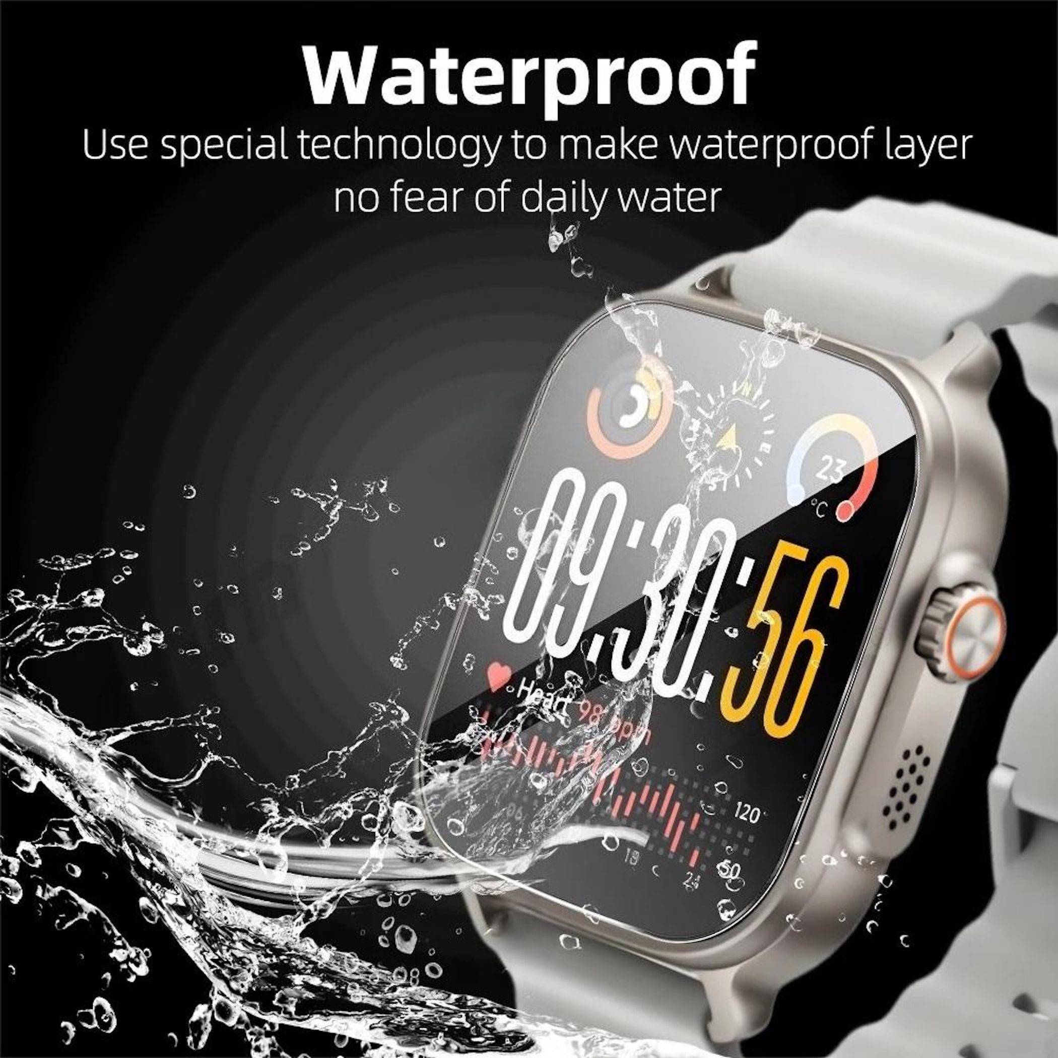 Werbebild einer Smartwatch, die mit Wasser bespritzt wird, mit Hervorhebung von „Wasserdicht" und „Nutzt spezielle Technologie, um eine wasserdichte Schicht zu schaffen – keine Angst vor täglichem Wasserkontakt"".