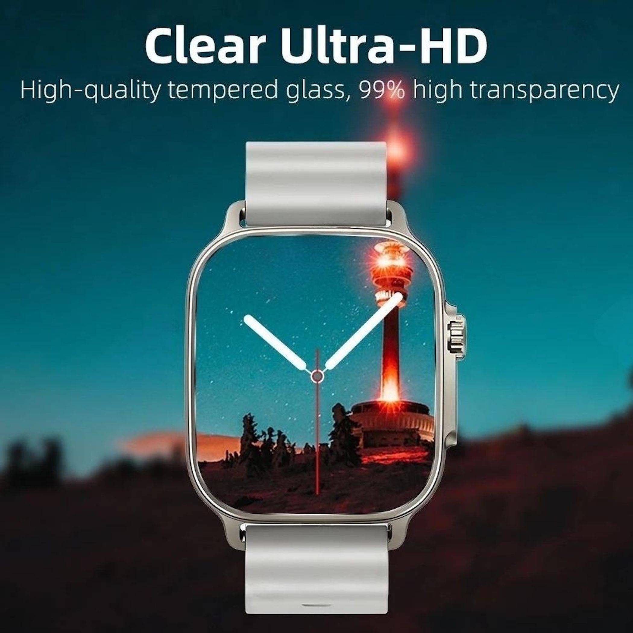 Apple Watch-ähnliche Uhr mit klarem Ultra-HD-Panzerglas, 99% Transparenz, die eine Leuchtturmszene durch das Display zeigt.