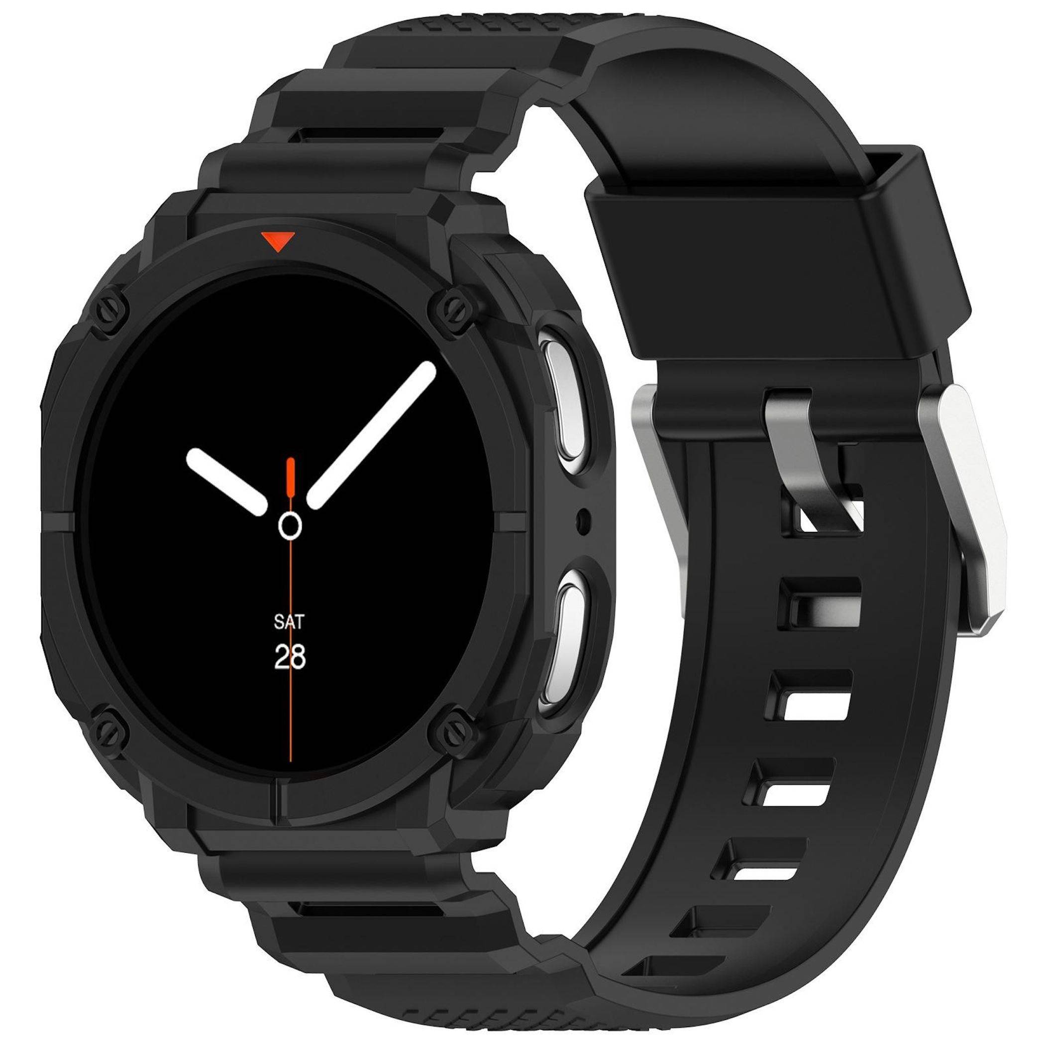 Robuste schwarze runde Smartwatch mit schwarzem Armband, mit analogem Zifferblatt und Datumstag „SA 28