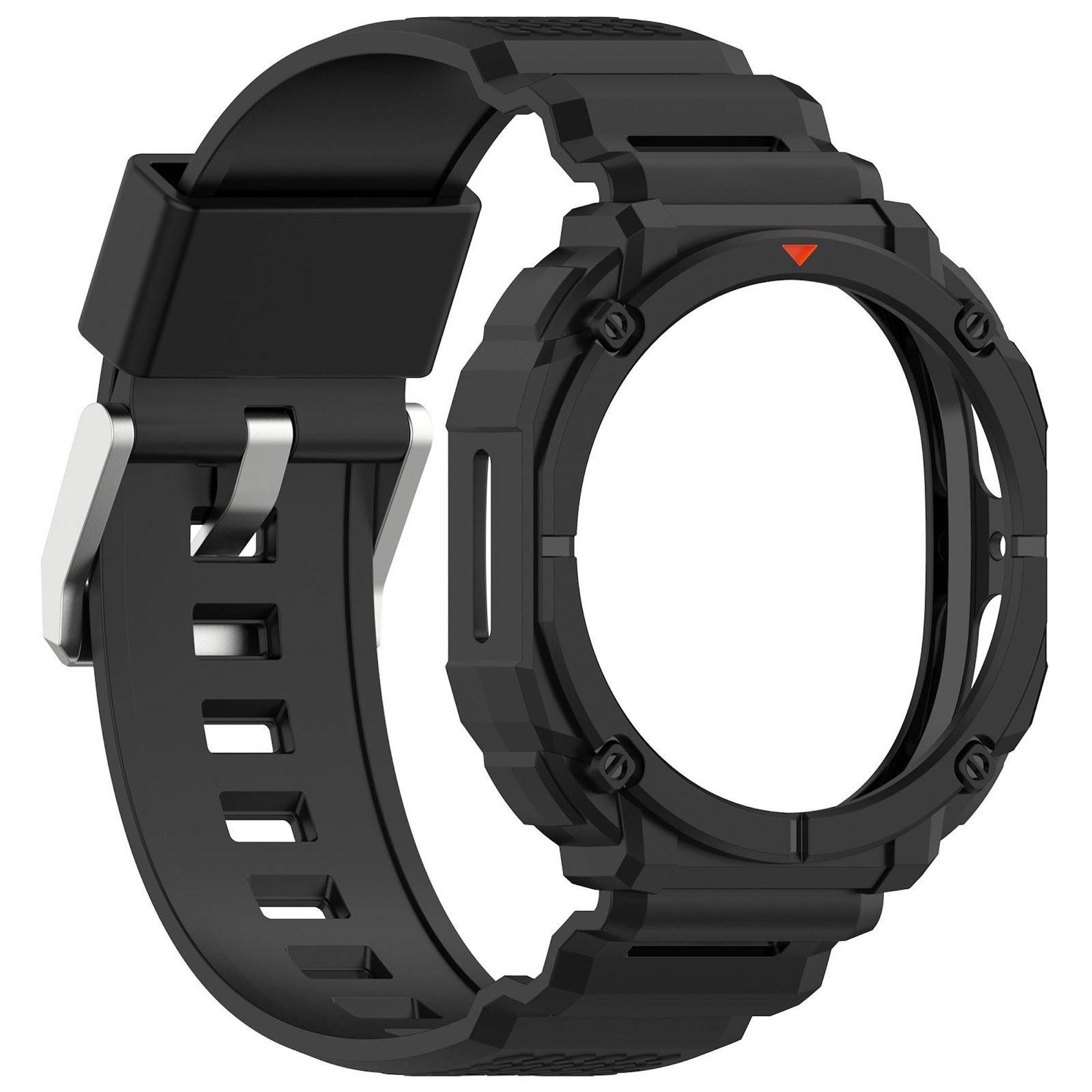 Robustes schwarzes Smartwatch-Gehäuse und Armband isoliert auf weißem Hintergrund mit einem orangefarbenen Marker auf der Lünette.