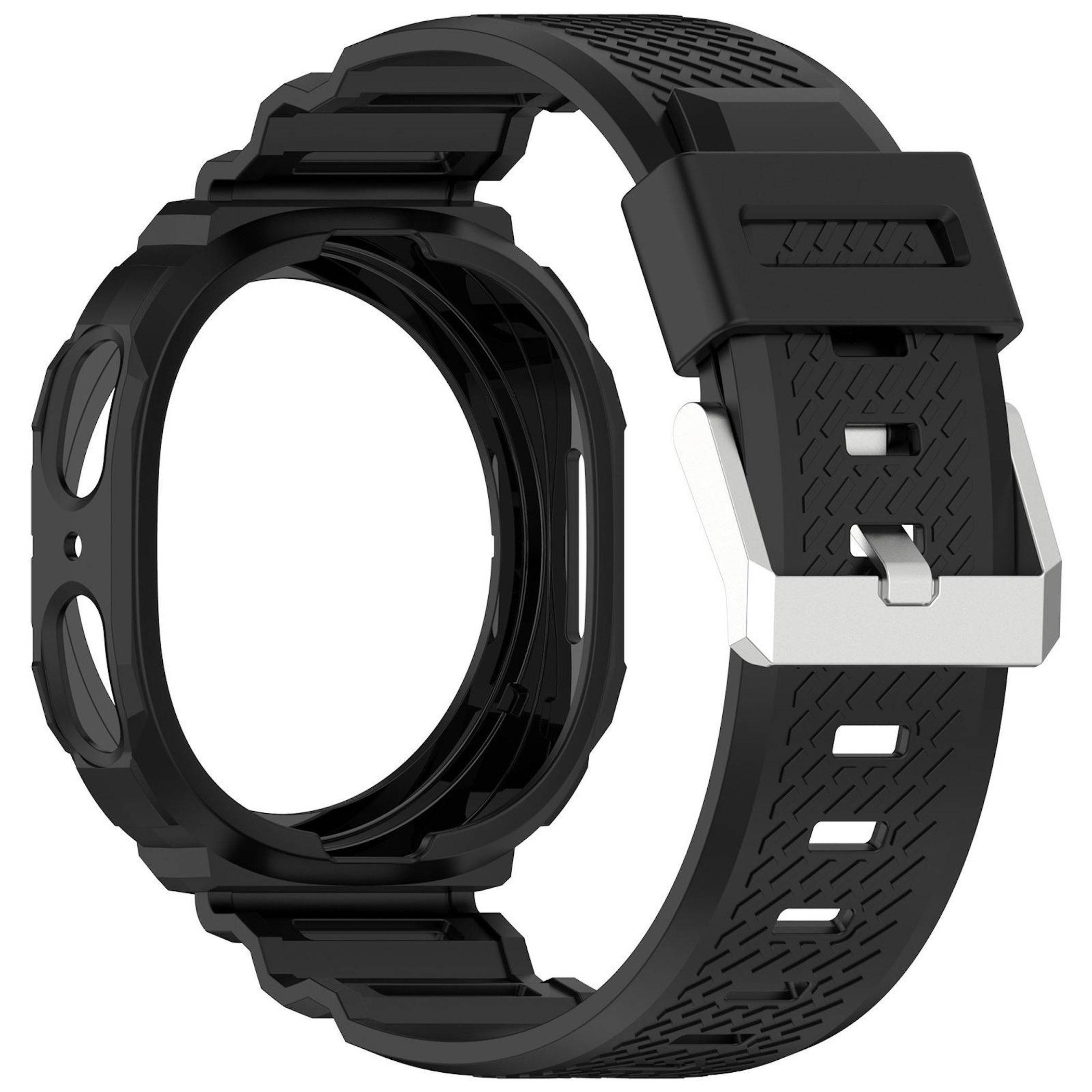 Schwarze intelligente Uhr oder Uhrengehäuse mit strukturiertem schwarzem Armband und silberner Schnalle, isoliert auf weißem Hintergrund dargestellt.