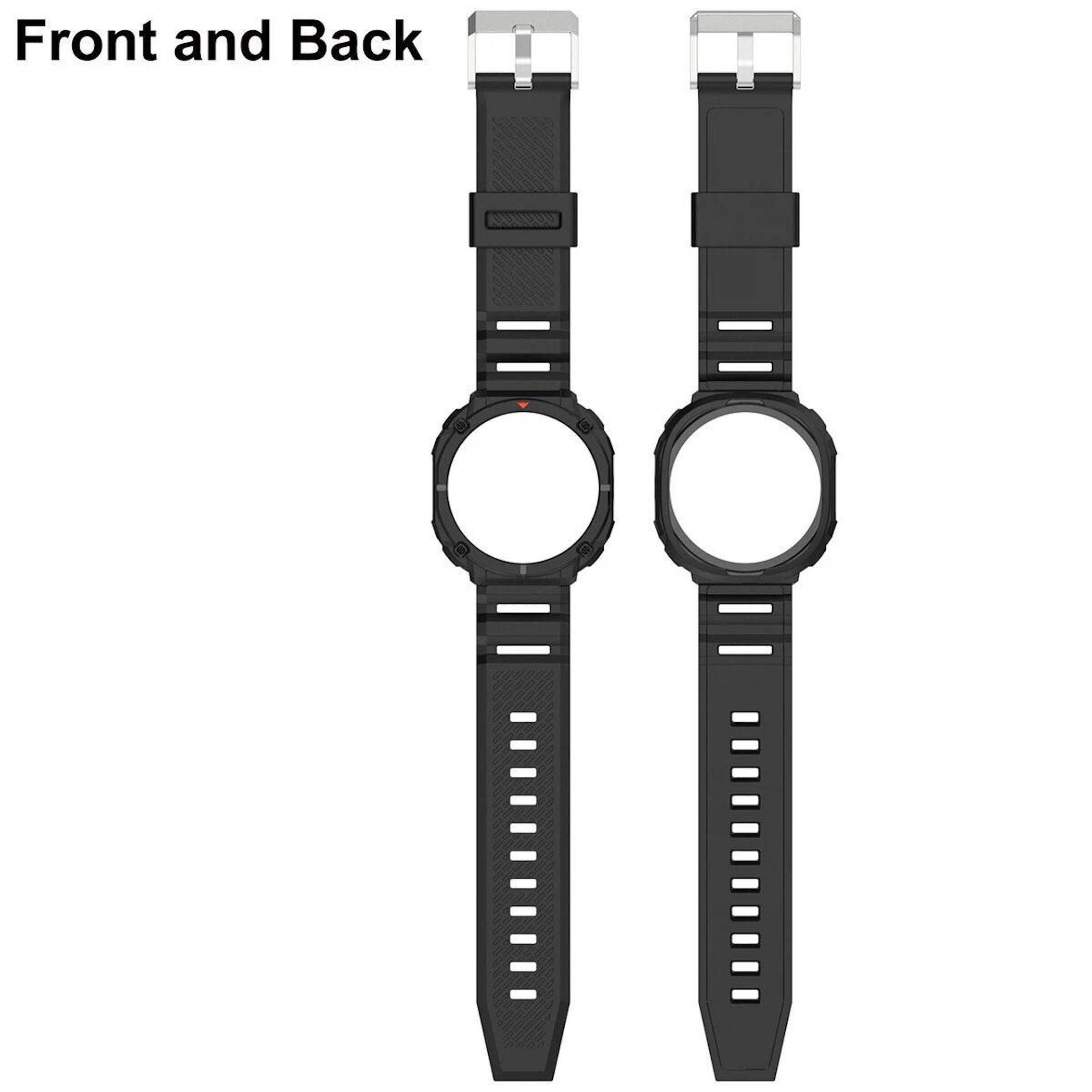 Vorder- und Rückansicht eines schwarzen Uhrenarmbandes mit kreisförmiger Uhrengehäuse-Öffnung und verstellbarer Schnalle.