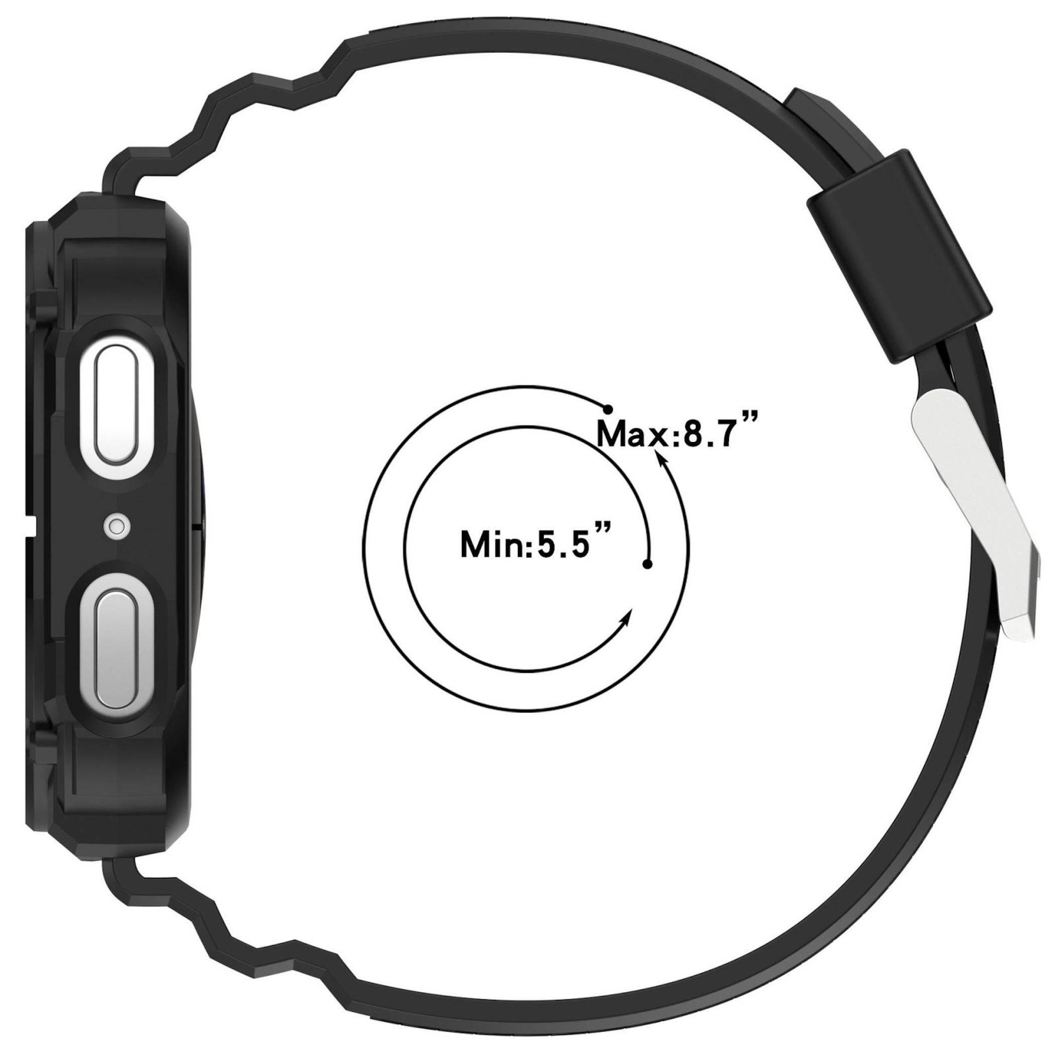 Seitenansicht eines schwarzen Armband-Geräts mit verstellbarer Riemenlänge von Min: 5,5" bis Max: 8,7"".