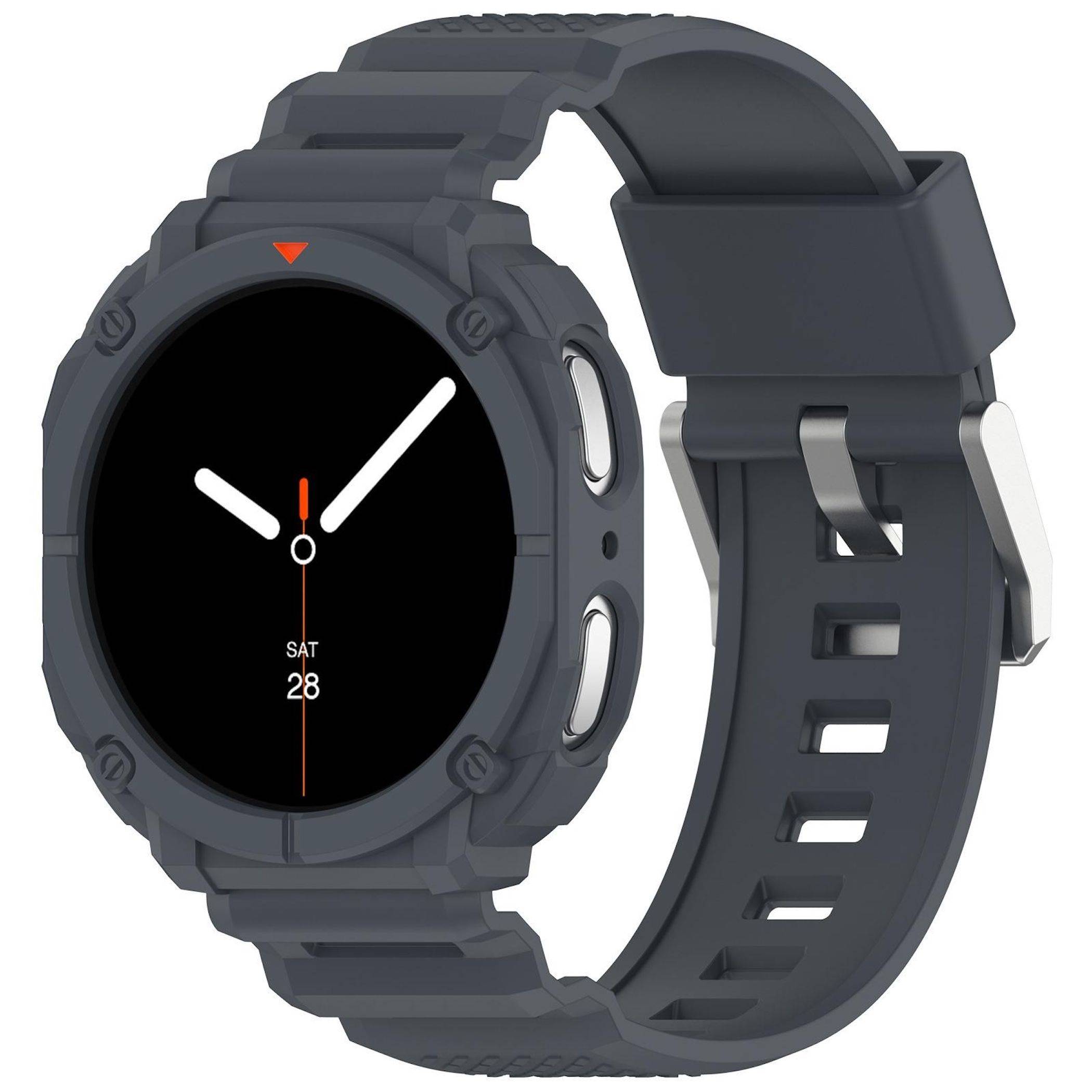 Dunkelgraue robuste Smartwatch mit rundem schwarzem Zifferblatt, Zeigern im Analogstil und Datumsdisplay mit der Anzeige „SA 28