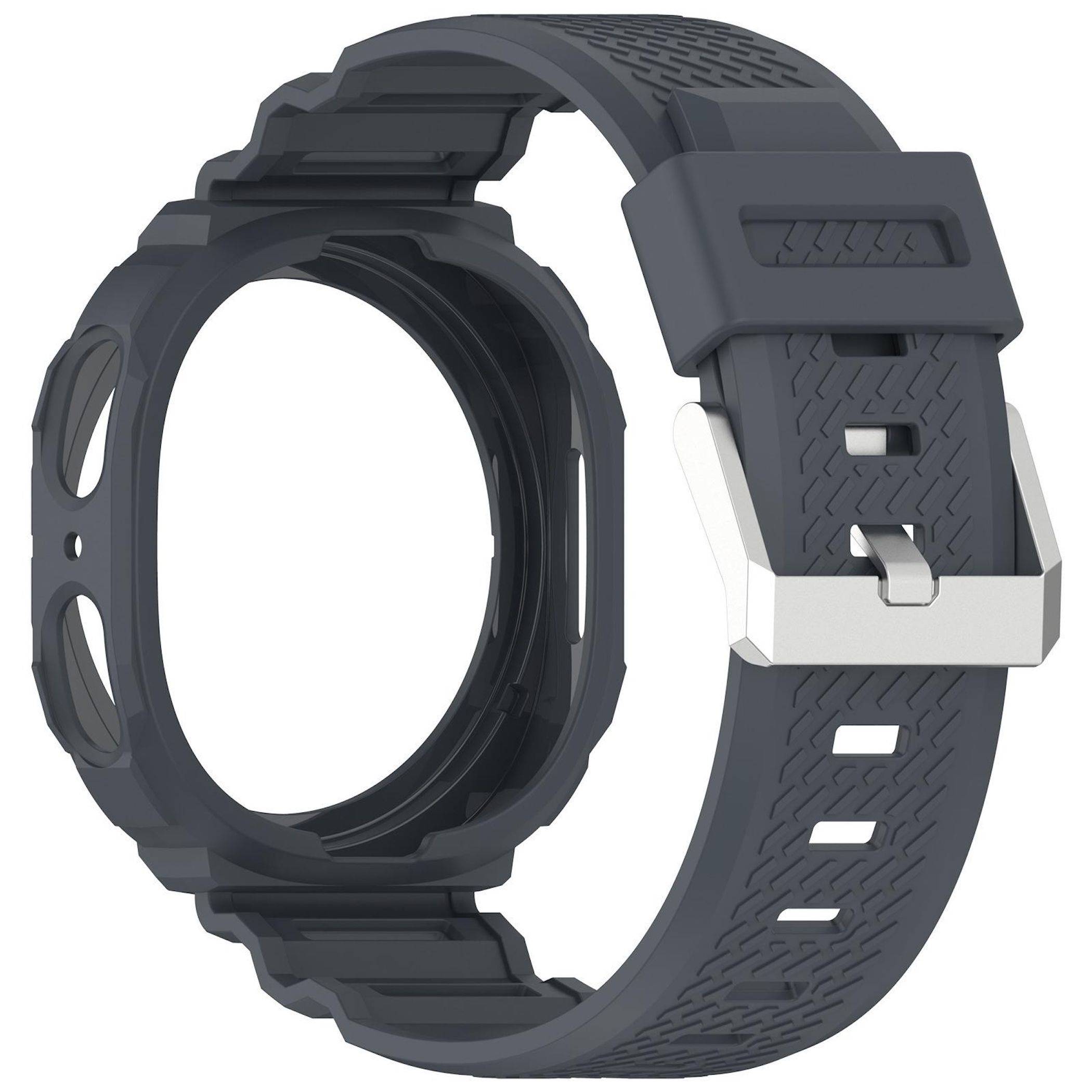 Dunkelgraues Smartwatch-Armband mit strukturiertem Riemen und Metallschnalle, isoliert auf weißem Hintergrund dargestellt.