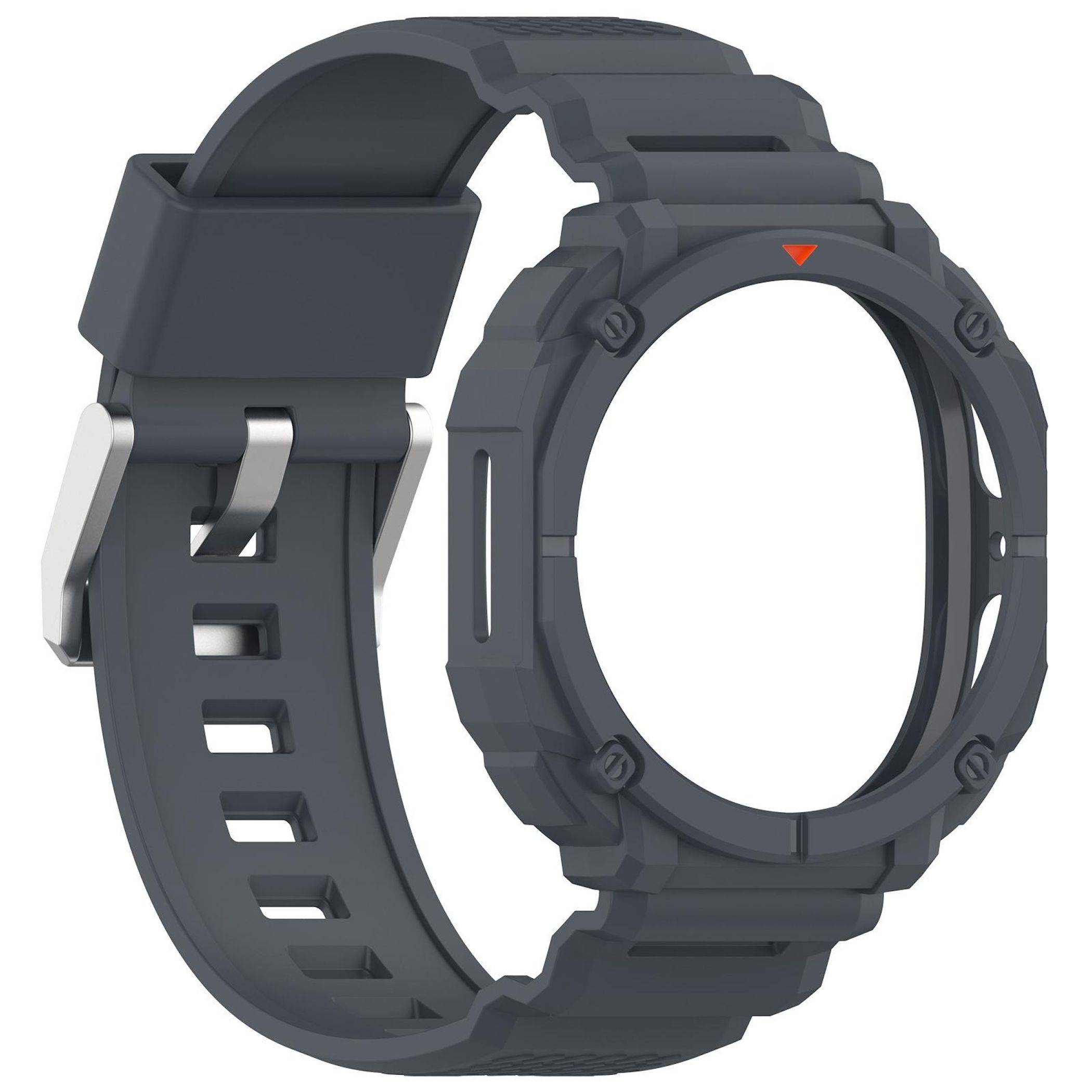 Dunkelgraues robustes Armbanduhr-Armband und Gehäuse, dargestellt in einer produktstilisierten isolierten Ansicht, mit einer leeren kreisförmigen Uhrenöffnung.