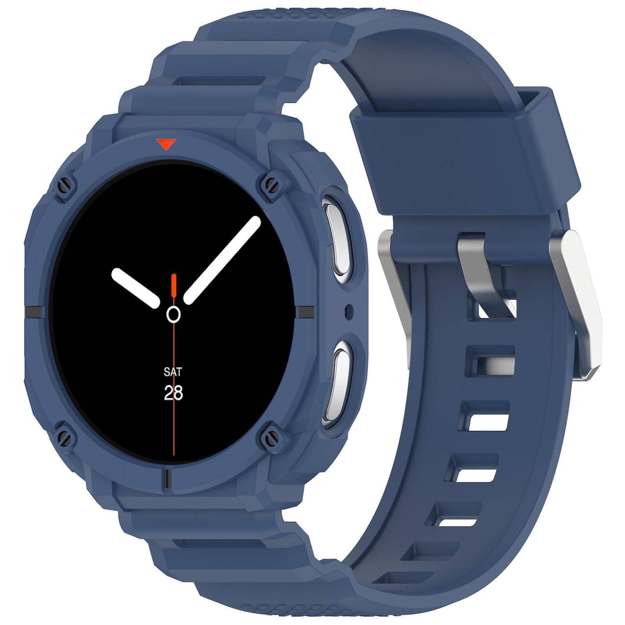 Robuste blaue Smartwatch mit rundem schwarzem Zifferblatt, weißen Analogzeigern und blauem Silikonarmband auf weißem Hintergrund.