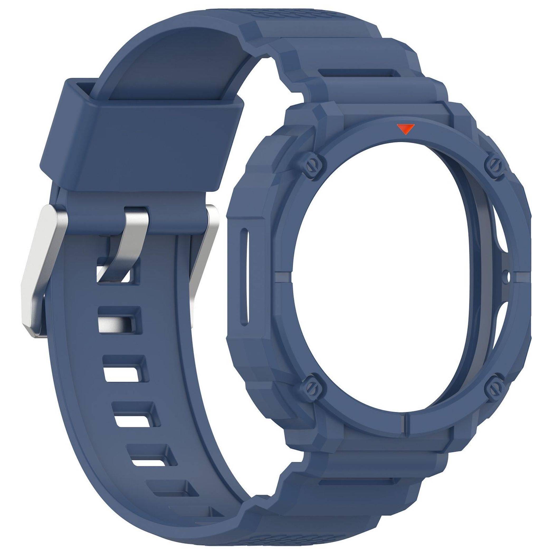 Blauere robuster Smartwatch mit breitem Silikonarmband, das von der Seite gezeigt wird und ein kreisförmiges leeres Display sowie eine rote Markierung oben aufweist.