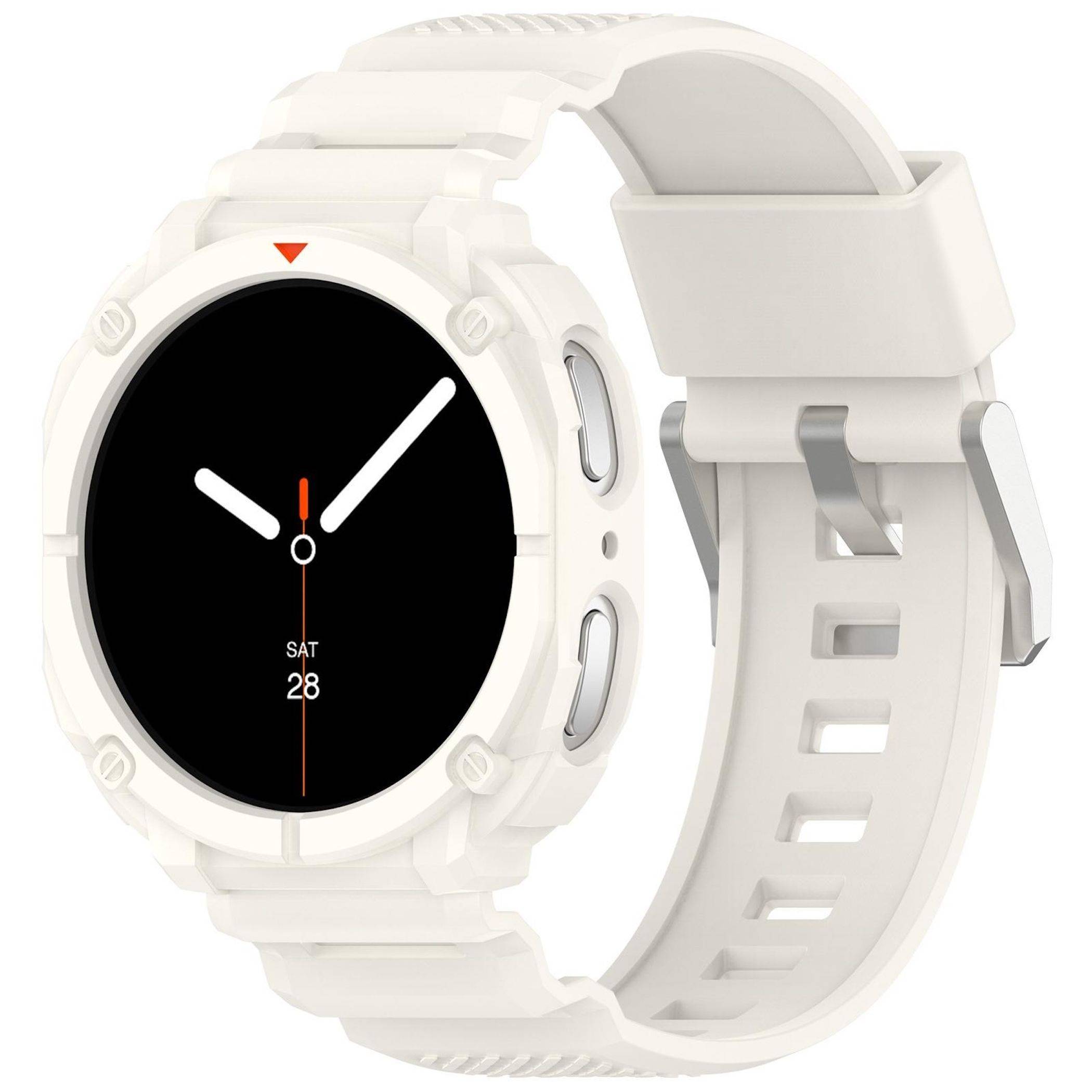 Weiße runde Smartwatch mit schwarzem Analogzifferblatt, orangefarbener Akzentfarbe und weißem Silikonarmband, aus schrägem Blickwinkel gezeigt