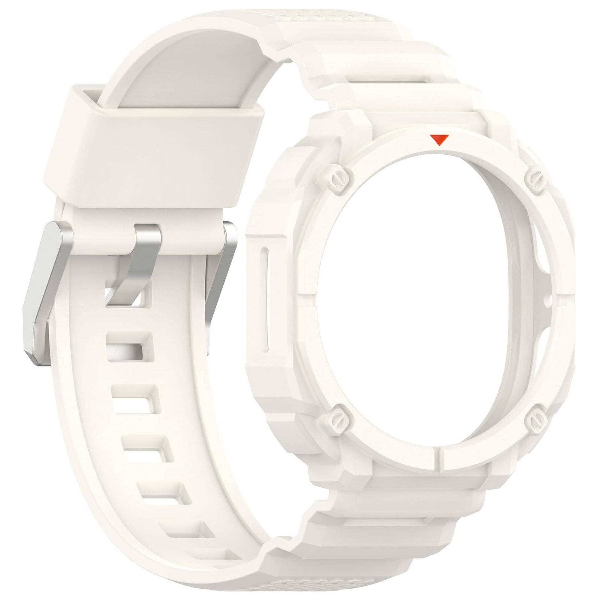 Weiße digitale Armbanduhr mit rundem, leerem Zifferblatt und breitem Silikonarmband, in Seitenansicht auf einfachem Hintergrund dargestellt.