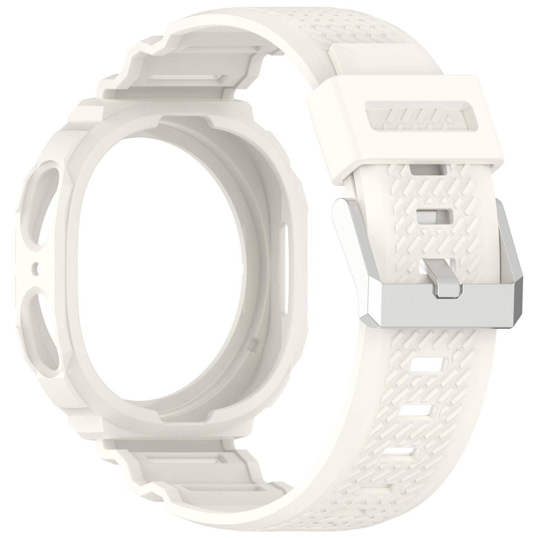 Weiße Smartwatch mit weißem strukturiertem Armband und silberner Schnalle, isoliert auf einfachem Hintergrund dargestellt.