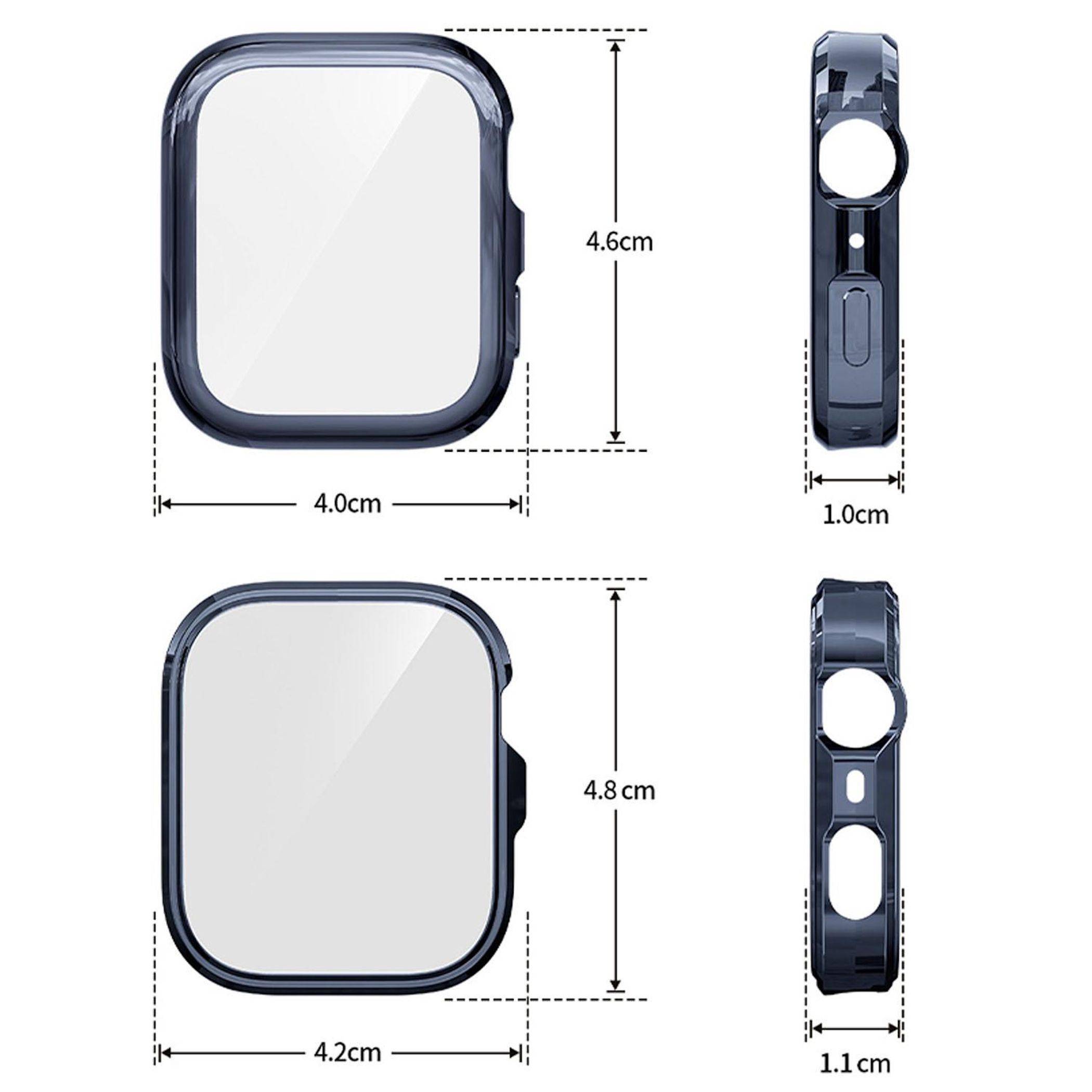 Größenvergleichsbild von zwei Smartwatch-Gehäusen: oben 4,0 x 4,6 cm und 1,0 cm dick; unten 4,2 x 4,8 cm und 1,1 cm dick.