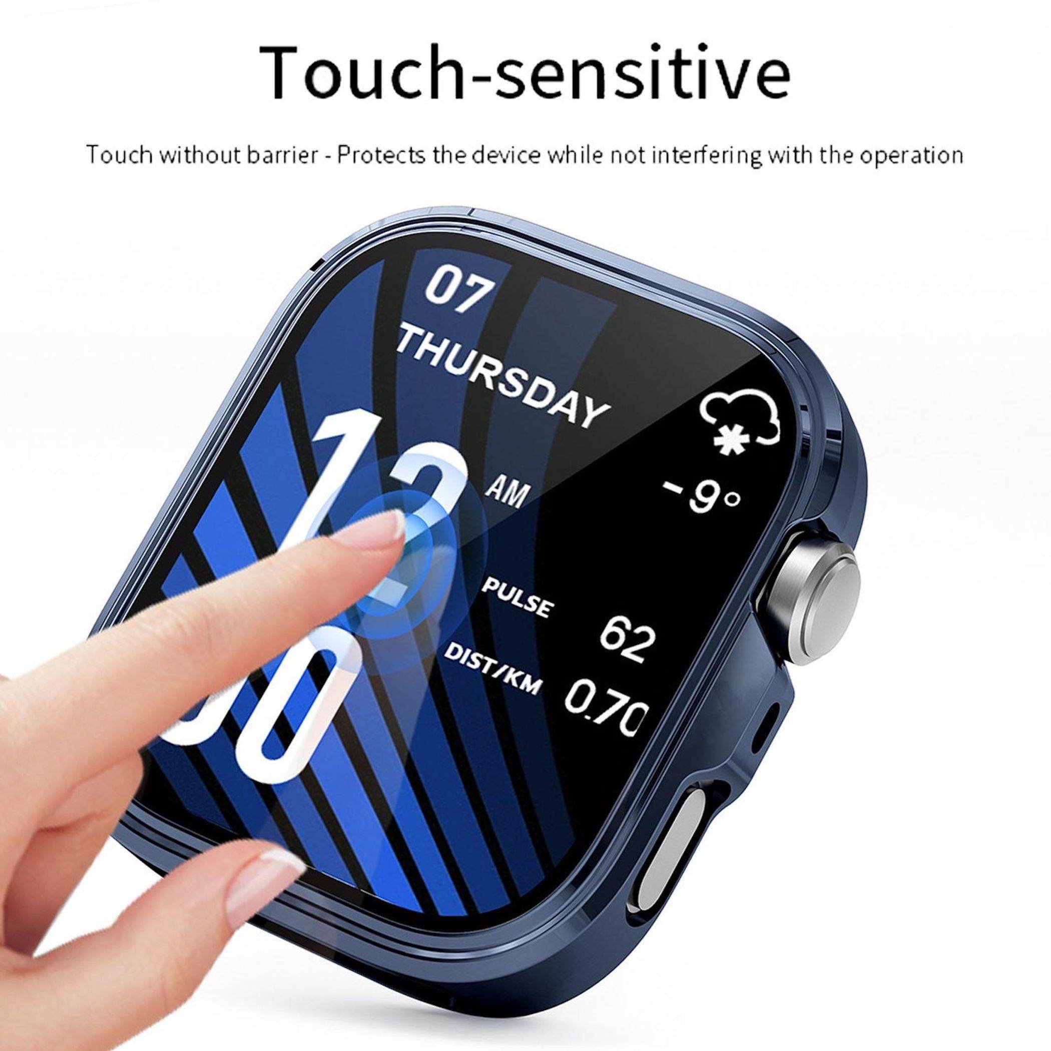 Anzeige für eine berührungsempfindliche Displayschutzfolie für Smartwatches, die einen Finger zeigt, der auf das Uhrendisplay tippt, während die Uhrzeit, das Datum, das Wetter und die Fitnessdaten sichtbar bleiben.