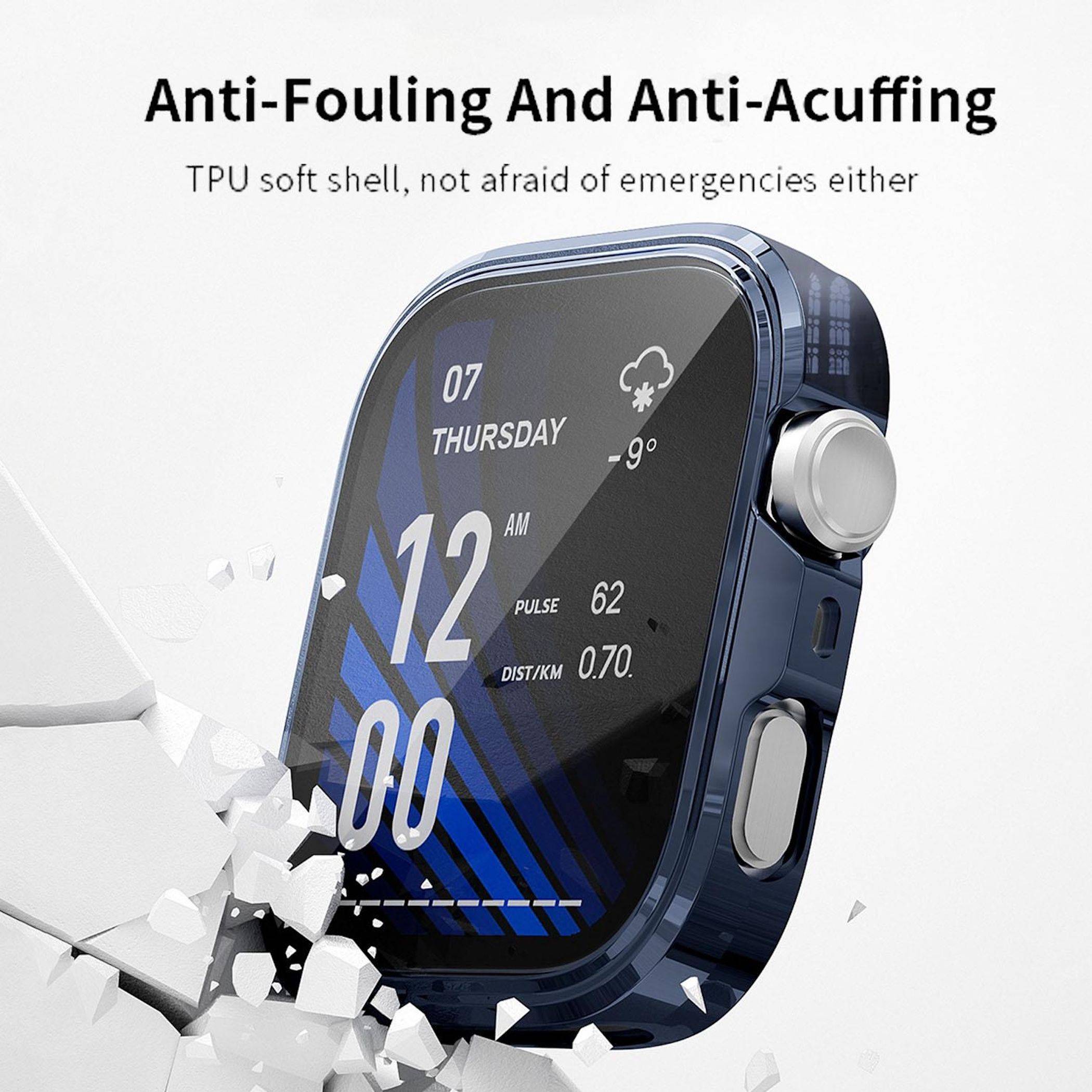 Eine robuste blaue Smartwatch mit einer TPU-Schutzschale, dargestellt mit Schutz vor Stößen unter dem Text „Anti-Verschmutzung und Anti-Kratzer".