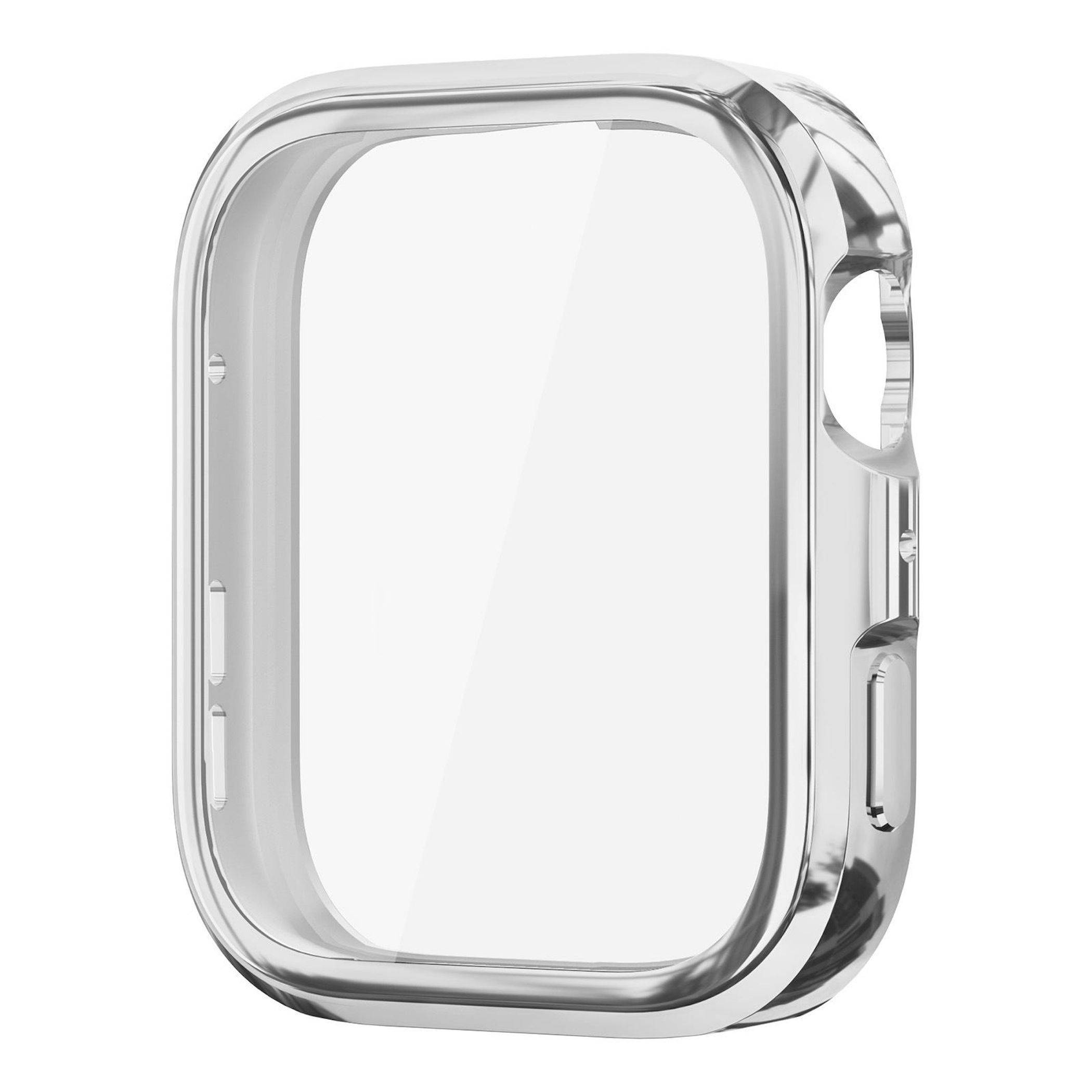 Transparente Schutzschutzhülle für eine Smartwatch, in einer vorderen Schrägansicht auf weißem Hintergrund dargestellt.