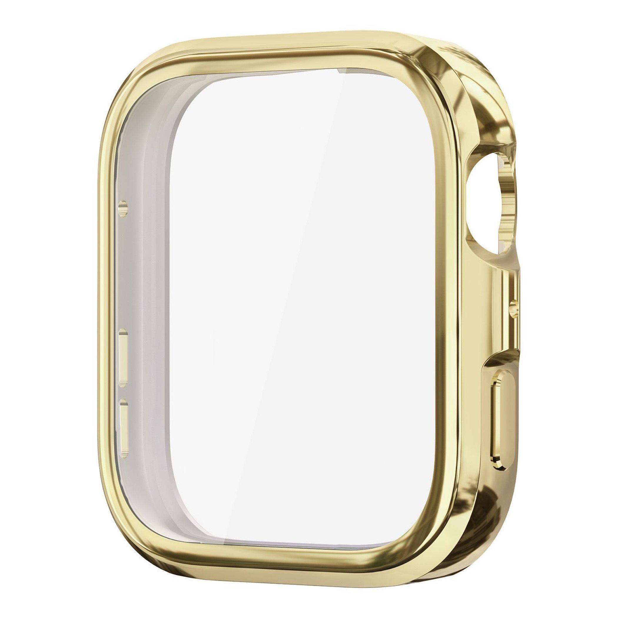 Goldene Smartwatch-Hülle mit klarem Schutzbildschirm, in Dreiviertelsicht auf weißem Hintergrund dargestellt.