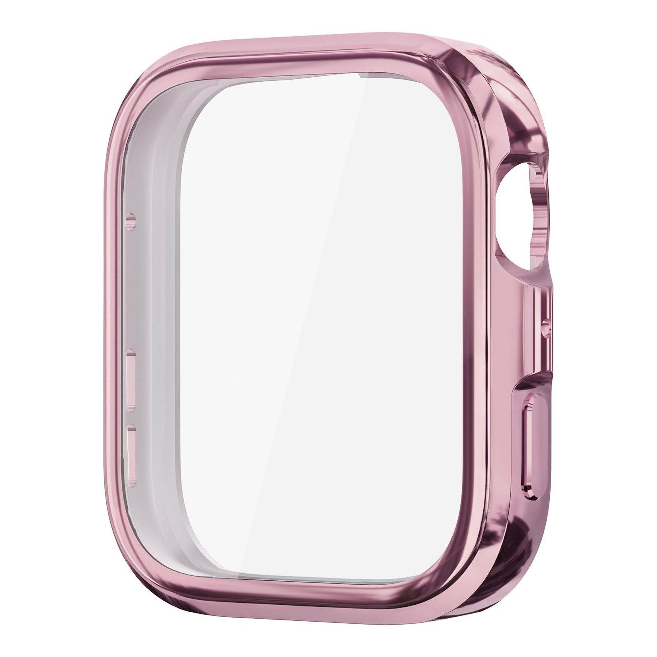 Transparente rosa Schutzhülle für eine Smartwatch, gezeigt in einer Dreiviertelvorderansicht auf weißem Hintergrund.
