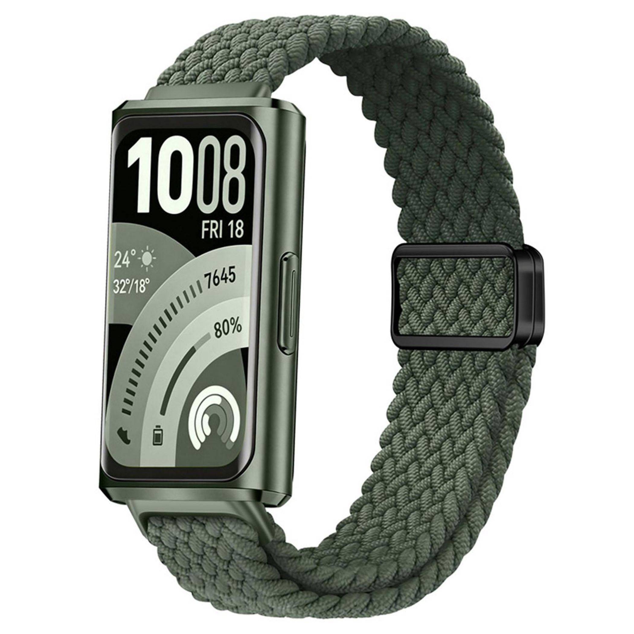 Grüne rechteckige Smartwatch mit gewebtem geflochtenem Armband, zeigt 10:08 an, Freitag 18, Wetter, Schritte und Akkuladestand auf dem Display.