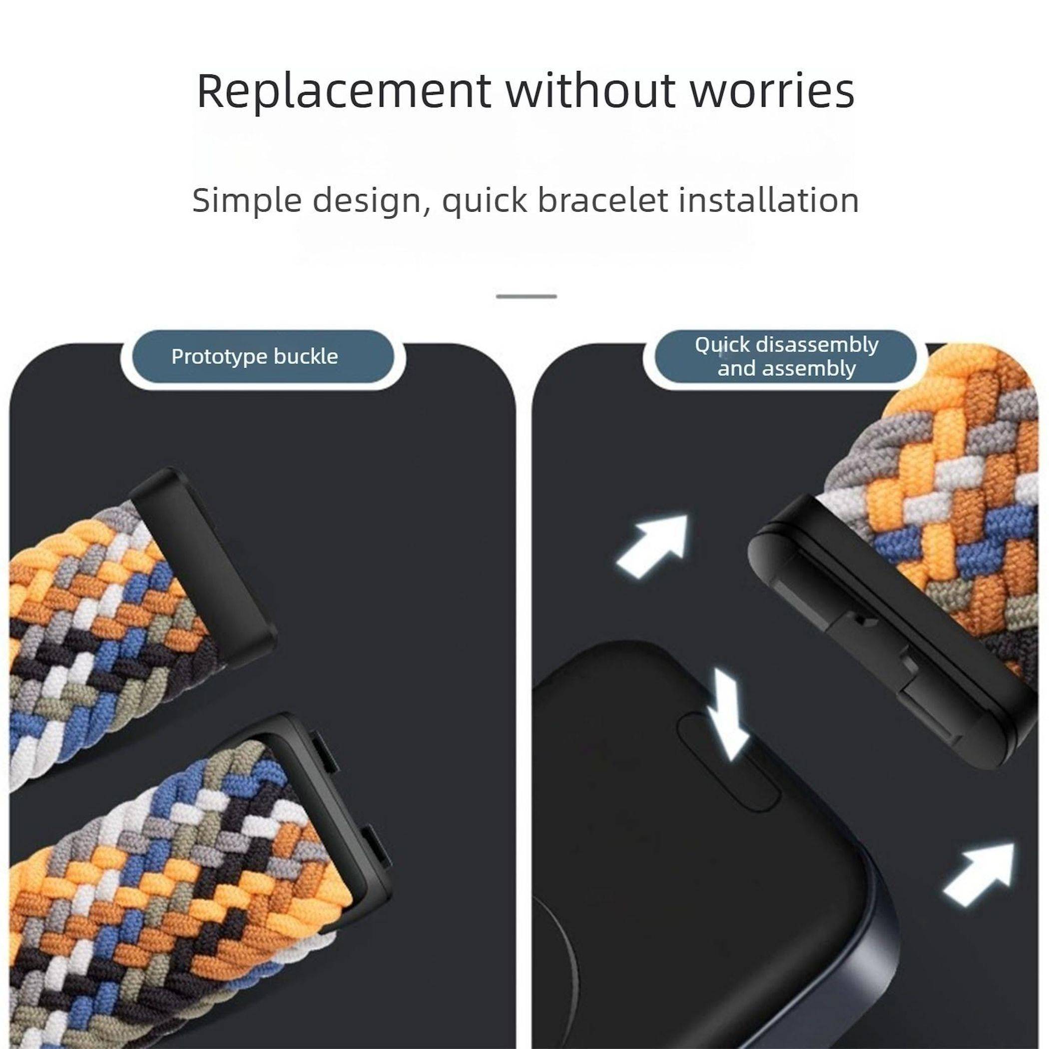 Smartwatch-Armband-Ersatz-Grafik mit einem geflochtenen Riemen und Schnalle mit den Texten „Austausch ohne Sorgen" und „Einfaches Design, schnelle Armband-Installation"", die eine schnelle Demontage und Montage zeigt.