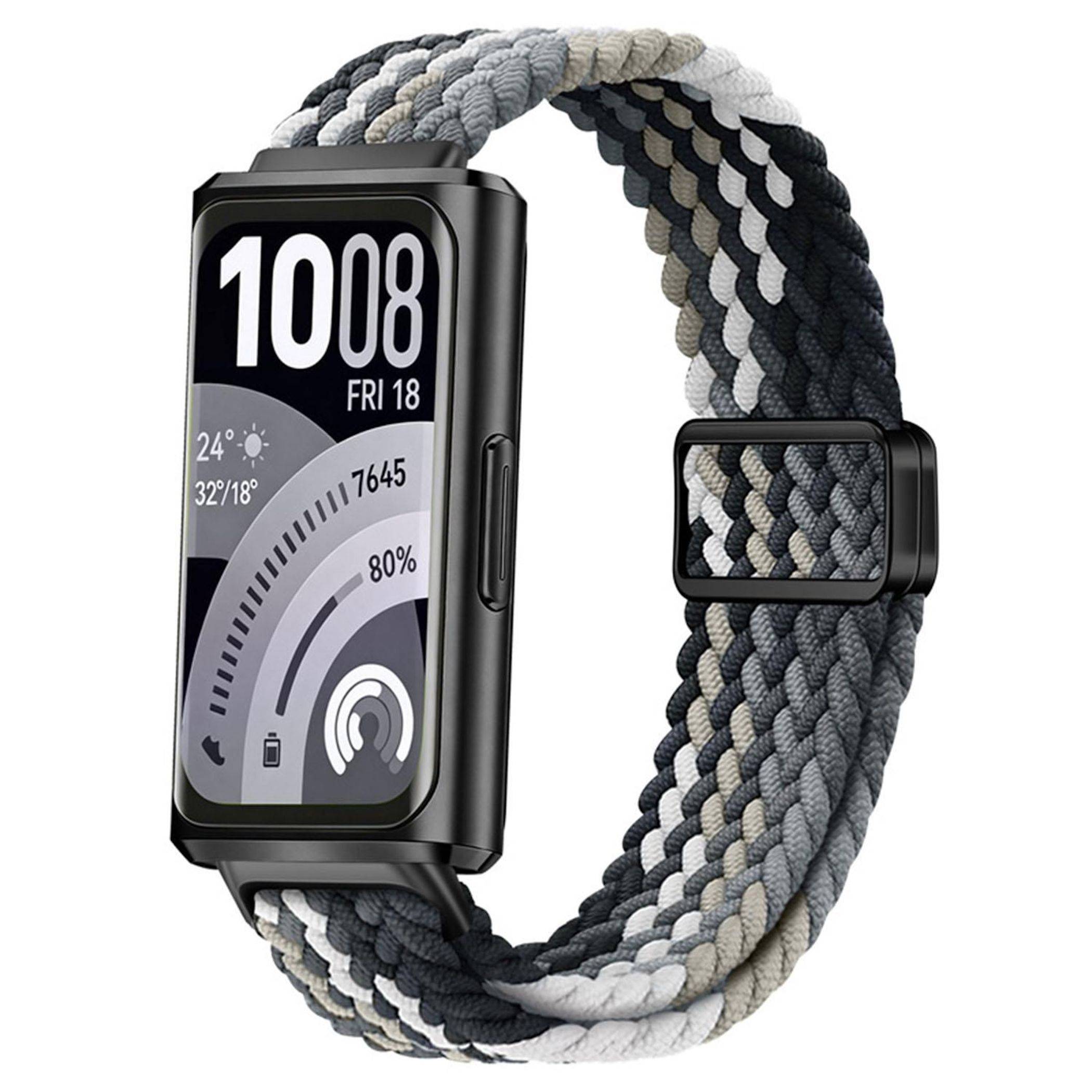 Geflochtenes Smartwatch-Armband in Grau, Schwarz und Weiß, gezeigt mit einer schwarzen Smartwatch, die die Uhrzeit und das Wetter anzeigt.