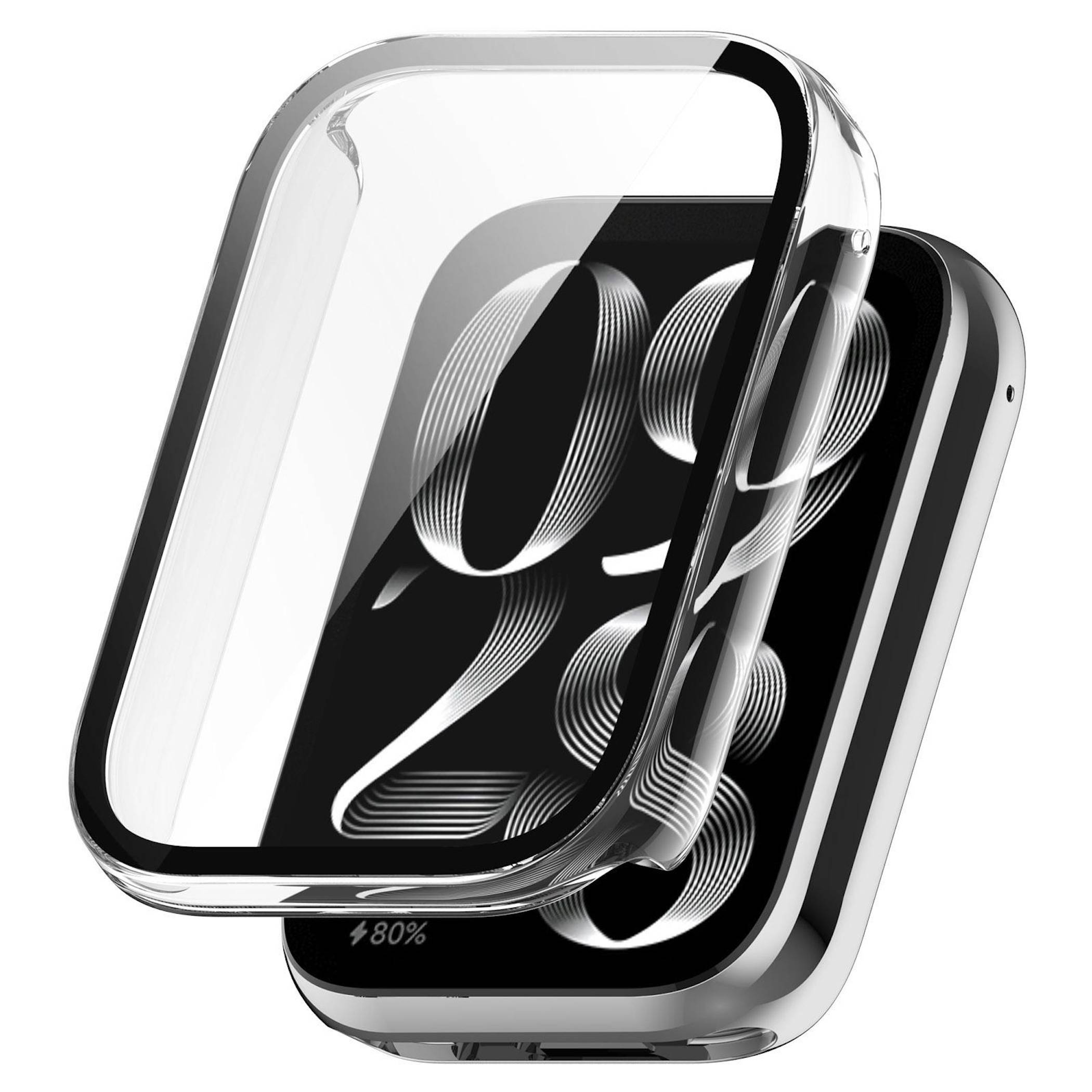 Transparente Schutzhülle, die über eine quadratische Smartwatch mit schwarzem Display und silbernen Kanten gelegt ist.