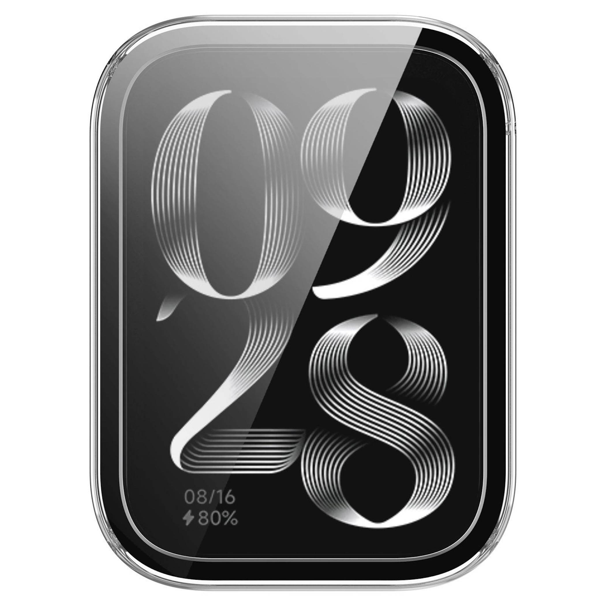 Ein schwarzer Smartwatch-Bildschirm, der die Uhrzeit 09:28 anzeigt, mit kleinem Text „08/16" und einem Akku bei 80 % in der unteren linken Ecke.