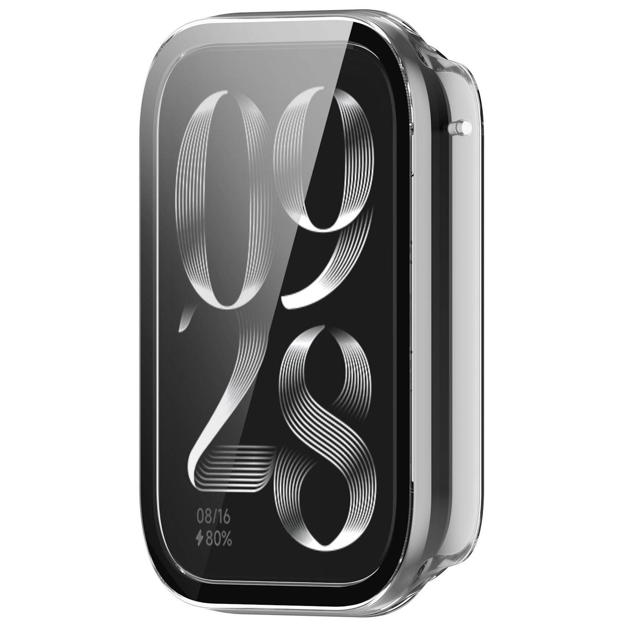 Eine elegante quadratische Smartwatch mit schwarzem Display, das die Uhrzeit „09 28" in großen stilisierten Ziffern zeigt, sowie kleine Text-Anzeigen für Datum und Akkuladestand am unteren Rand.