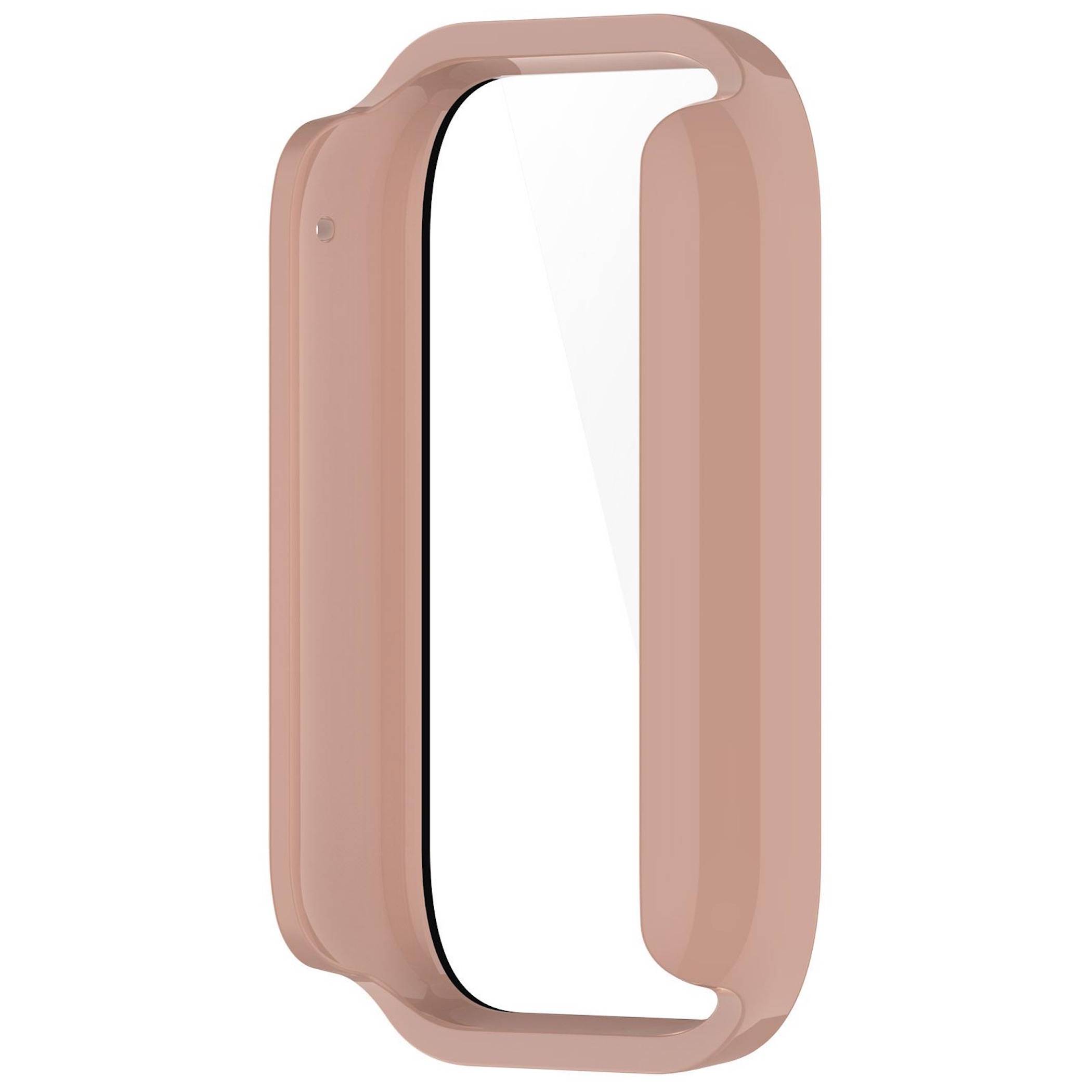 Rosa Schutzhülle für einen rechteckigen Fitness-Tracker oder eine Smartwatch, Vorderansicht auf weißem Hintergrund.