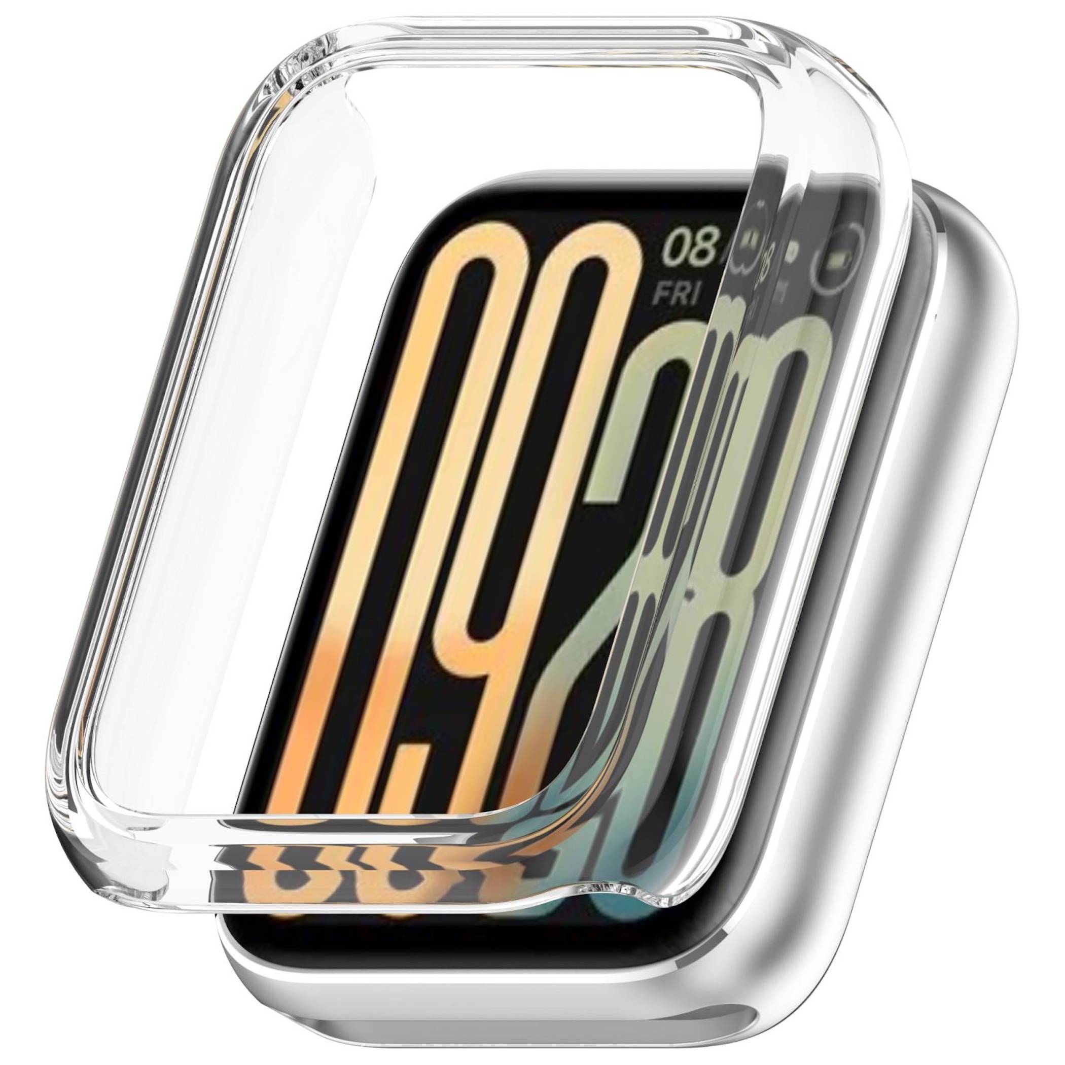 Eine silberne Smartwatch mit transparentem Gehäuse und rechteckigem Touchscreen-Display, das die Uhrzeit 19:18 und das Datum 08 FRI anzeigt.