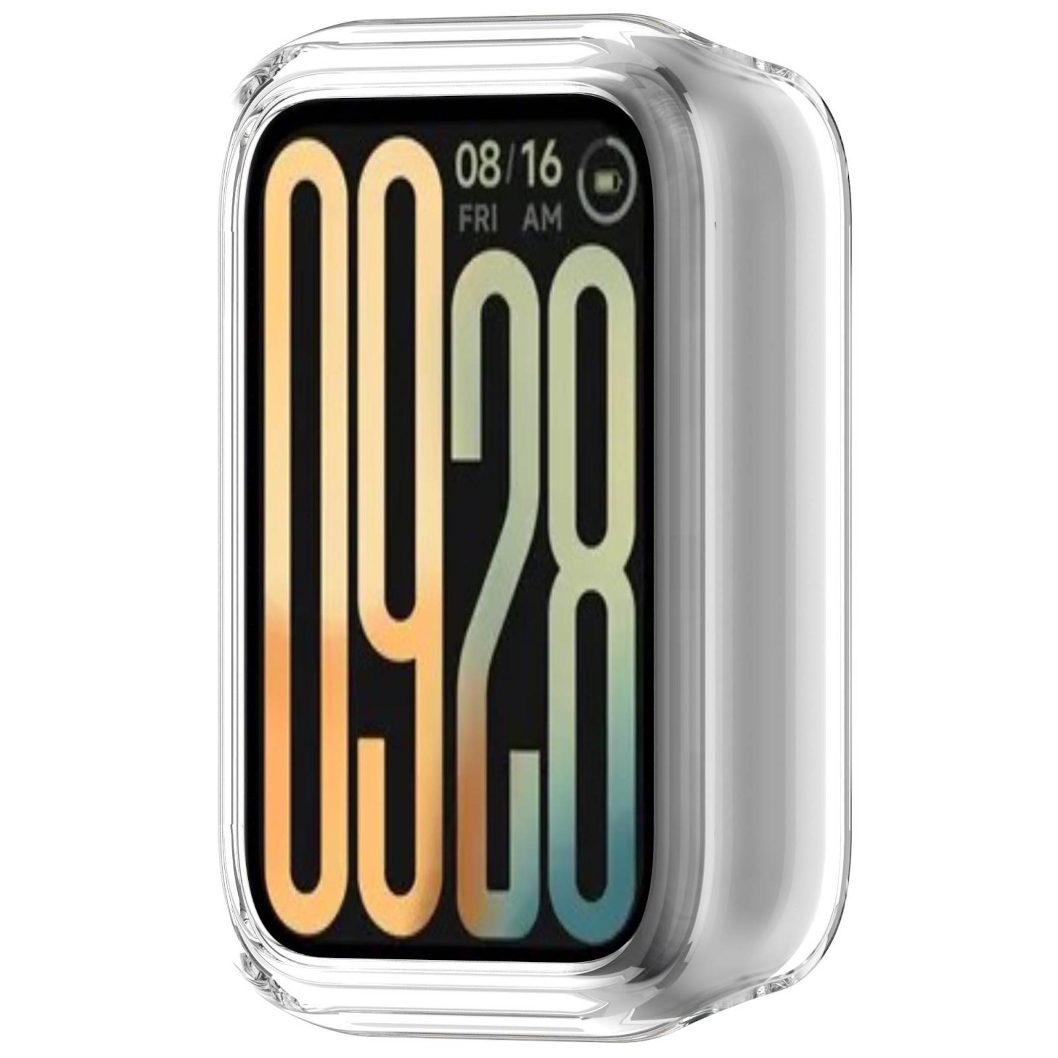 Smartwatch mit transparantem Schutzgehäuse, das ein farbiges digitales Zifferblatt mit der Anzeige 09:28 und 08/16 FRI AM zeigt.