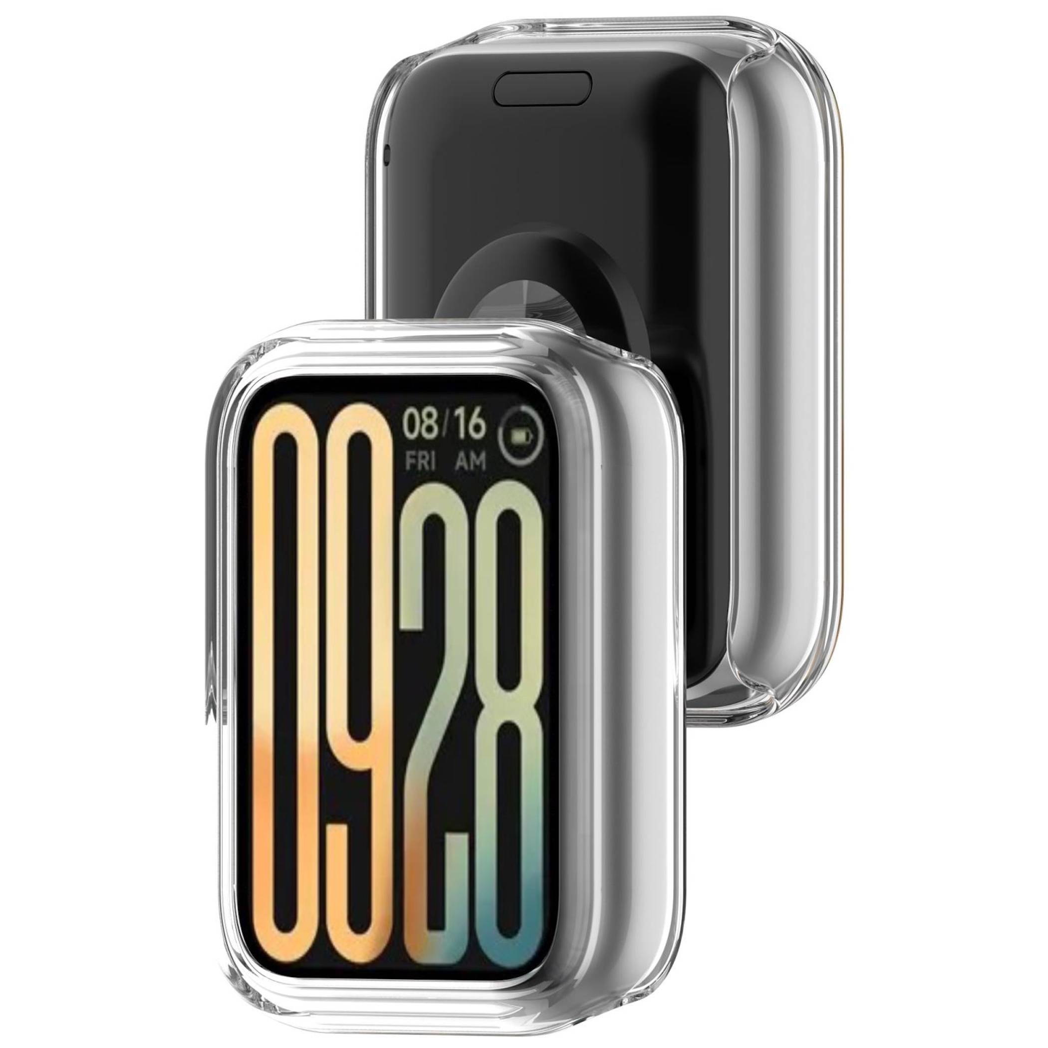 Durchsichtige Schutzhüllen für eine Smartwatch, von vorne und hinten gezeigt, mit einer bunten digitalen Uhrzeitanzeige auf der vorderen Hülle.