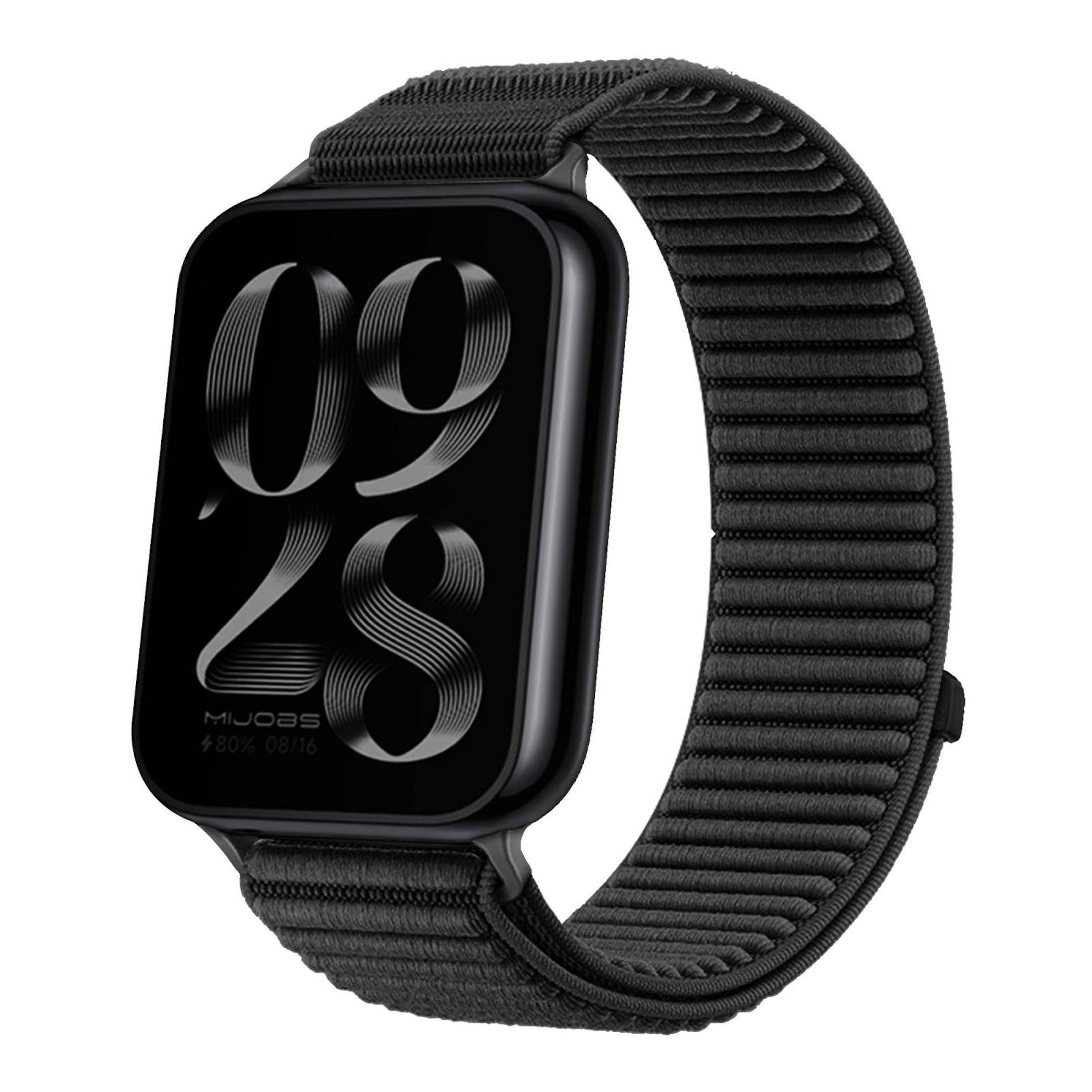 Schwarze Smartwatch mit rechteckigem Zifferblatt, das 
