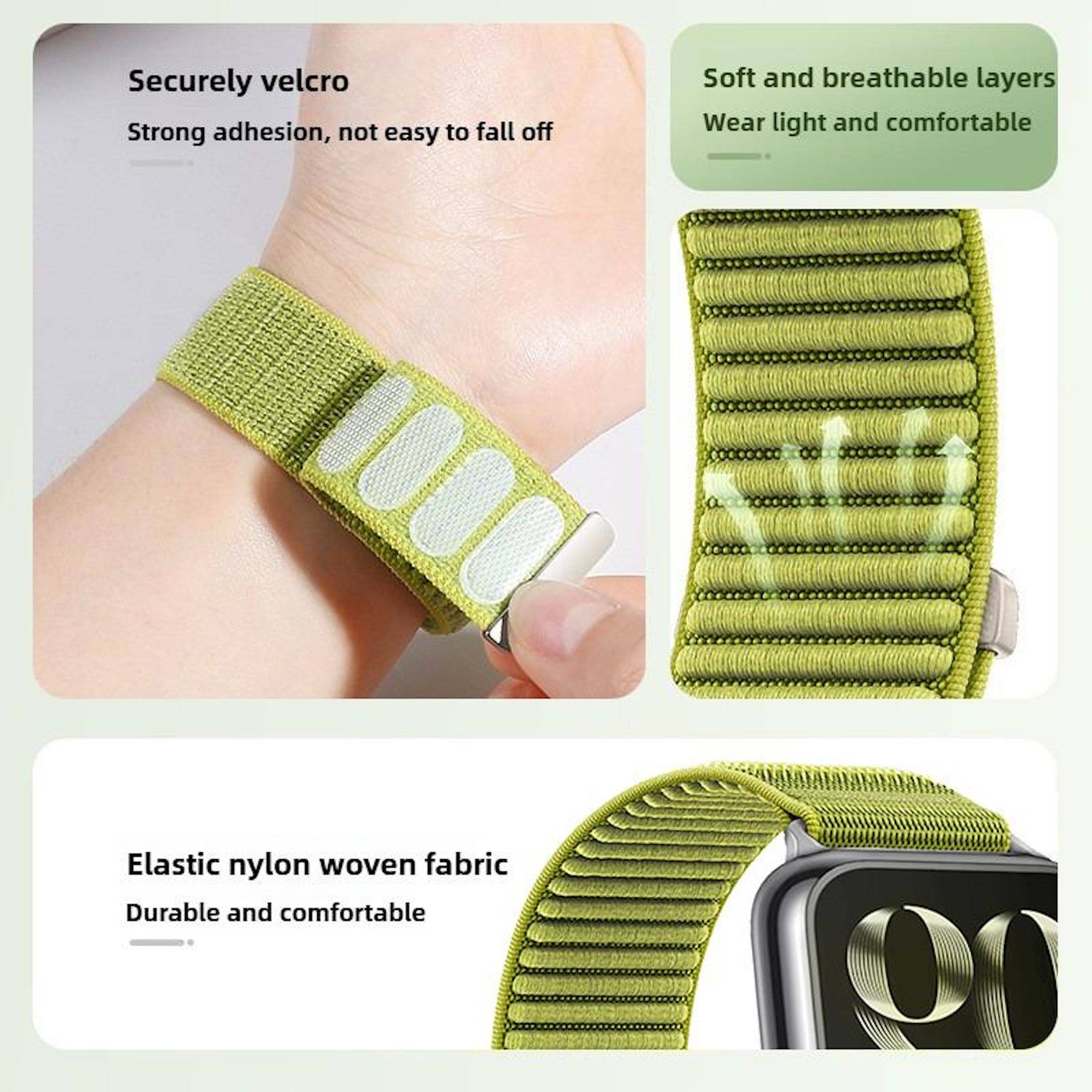 Produktbild eines grünen elastischen Nylon-Smartwatch-Armbands mit sichtbaren Klettverschlüssen, weichen atmungsaktiven Schichten und Nahaufnahmen des strapazierfähigen Gewebes.