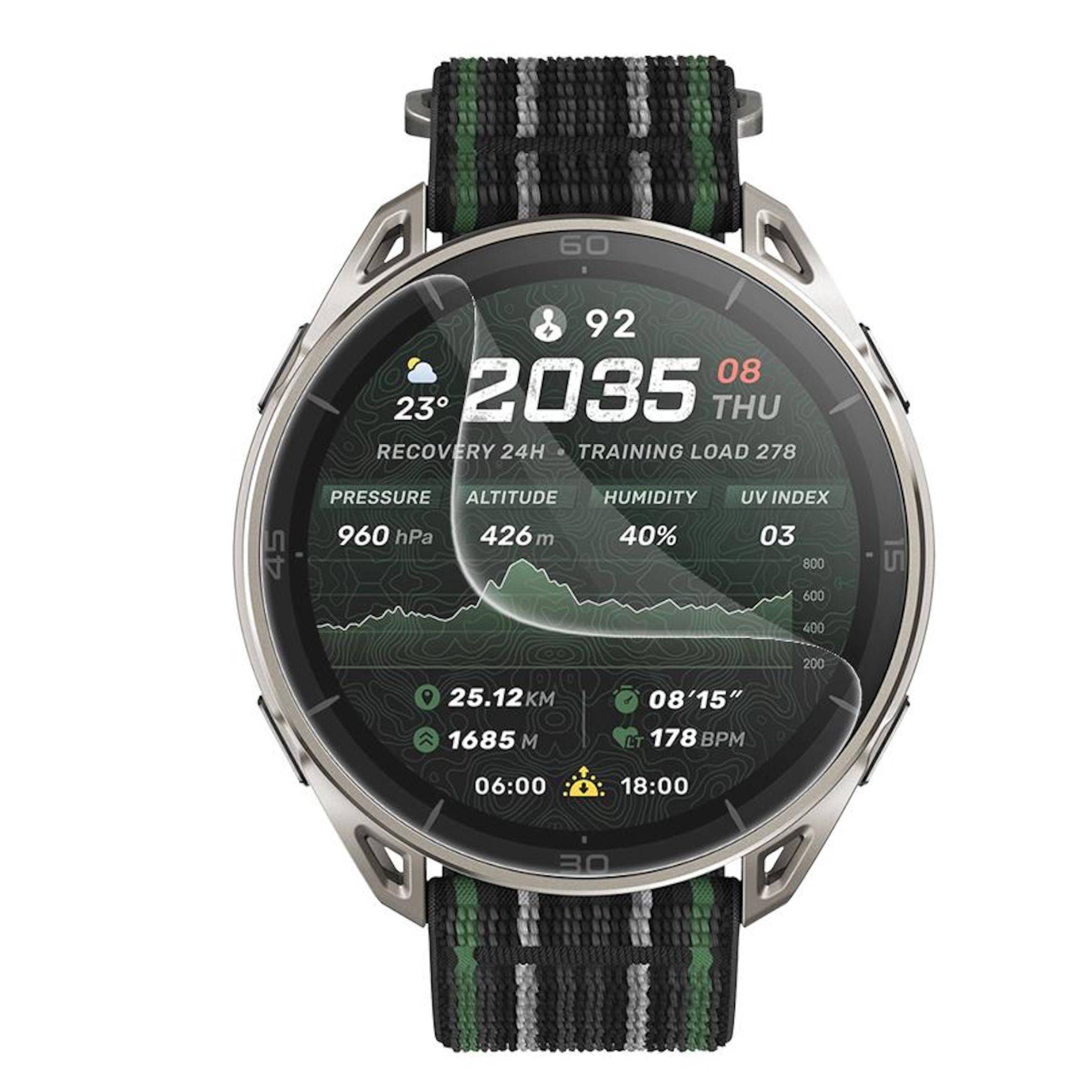 Runde Smartwatch mit gewebtem Armband mit digitalem Zifferblatt, Uhrzeit 20:35, Datum Do 08, Wetter, Gesundheitsmetriken und Aktivitätsstatistiken.