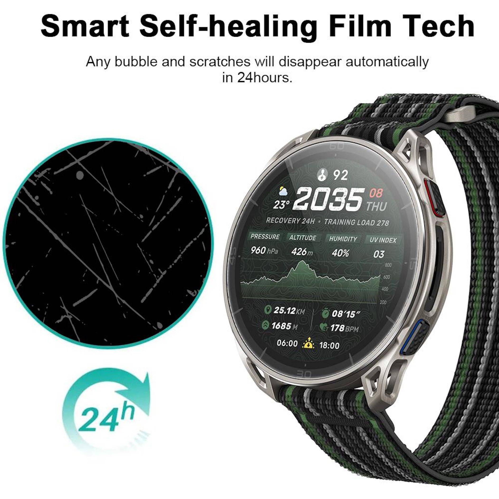 Werbung für „Smart Self-healing Film Tech" – Smartwatch-Displayschutz, der kratzer und Blasen innerhalb von 24 Stunden automatisch verschwinden lässt.