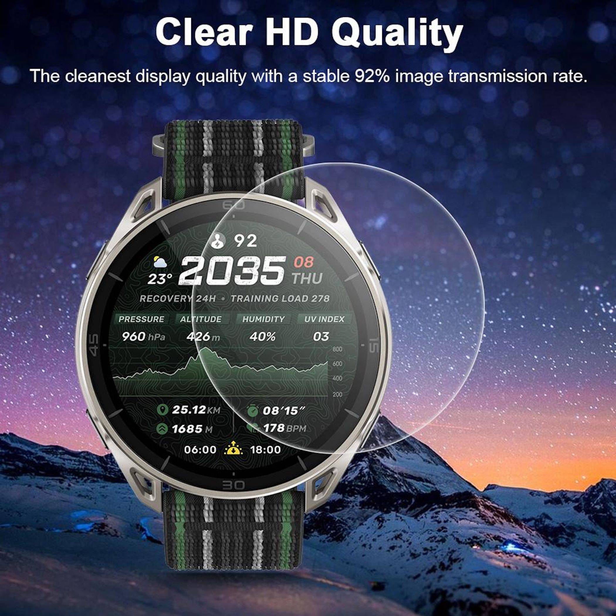 Smartwatch-Anzeige mit "kristallklarer HD-Qualität"" und ""stabiler 92% Bildübertragungsrate"" über einem Watchface mit Fitness-Statistiken und bergigem Nachthimmel-Hintergrund.