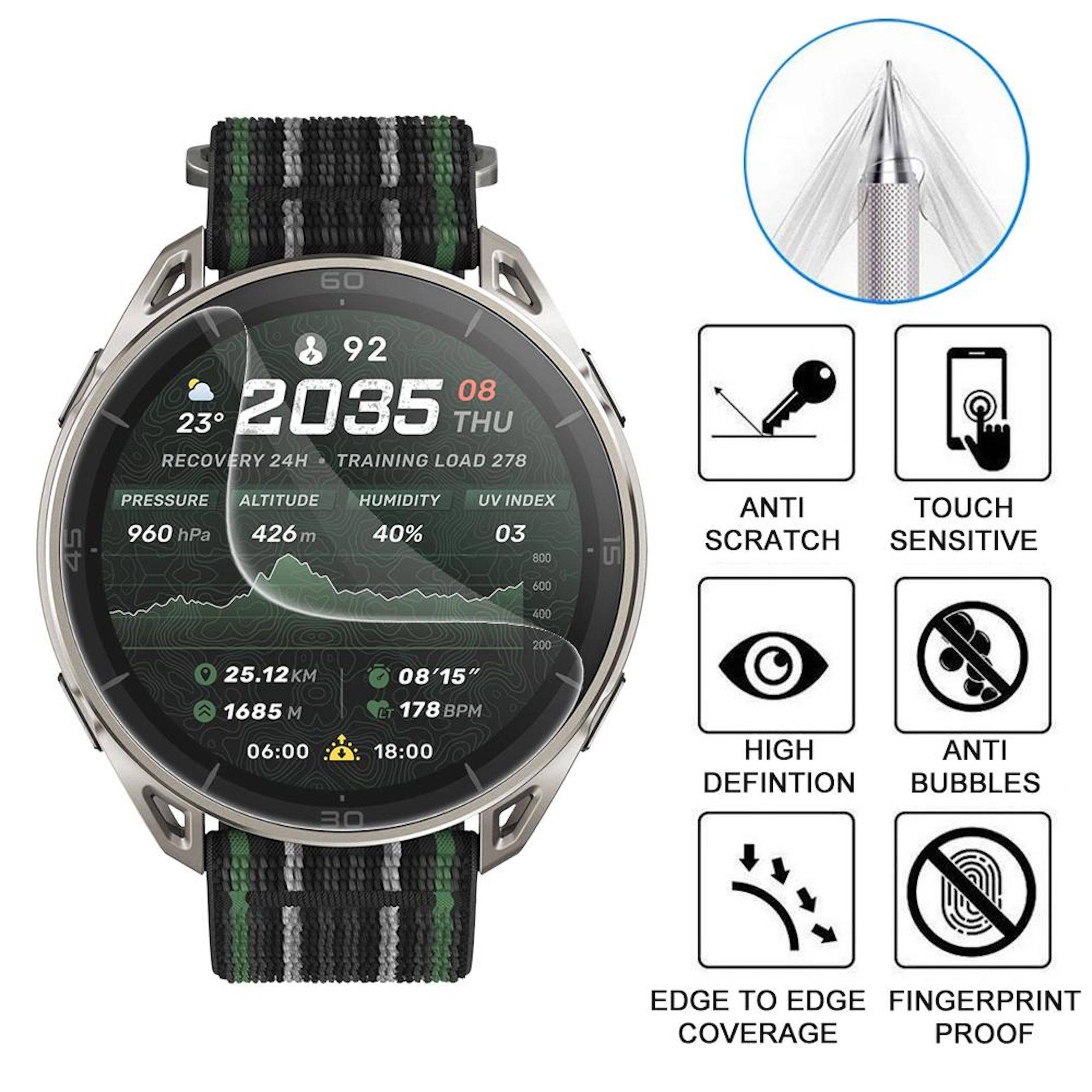 Smartwatch mit rundem digitalen Display und gemustertem Armband, dargestellt mit Displayschutz-Funktionen: kratzfest, touchempfindlich, hochauflösend, blasenfrei, kantenlose Abdeckung, fingerabdruckfest.