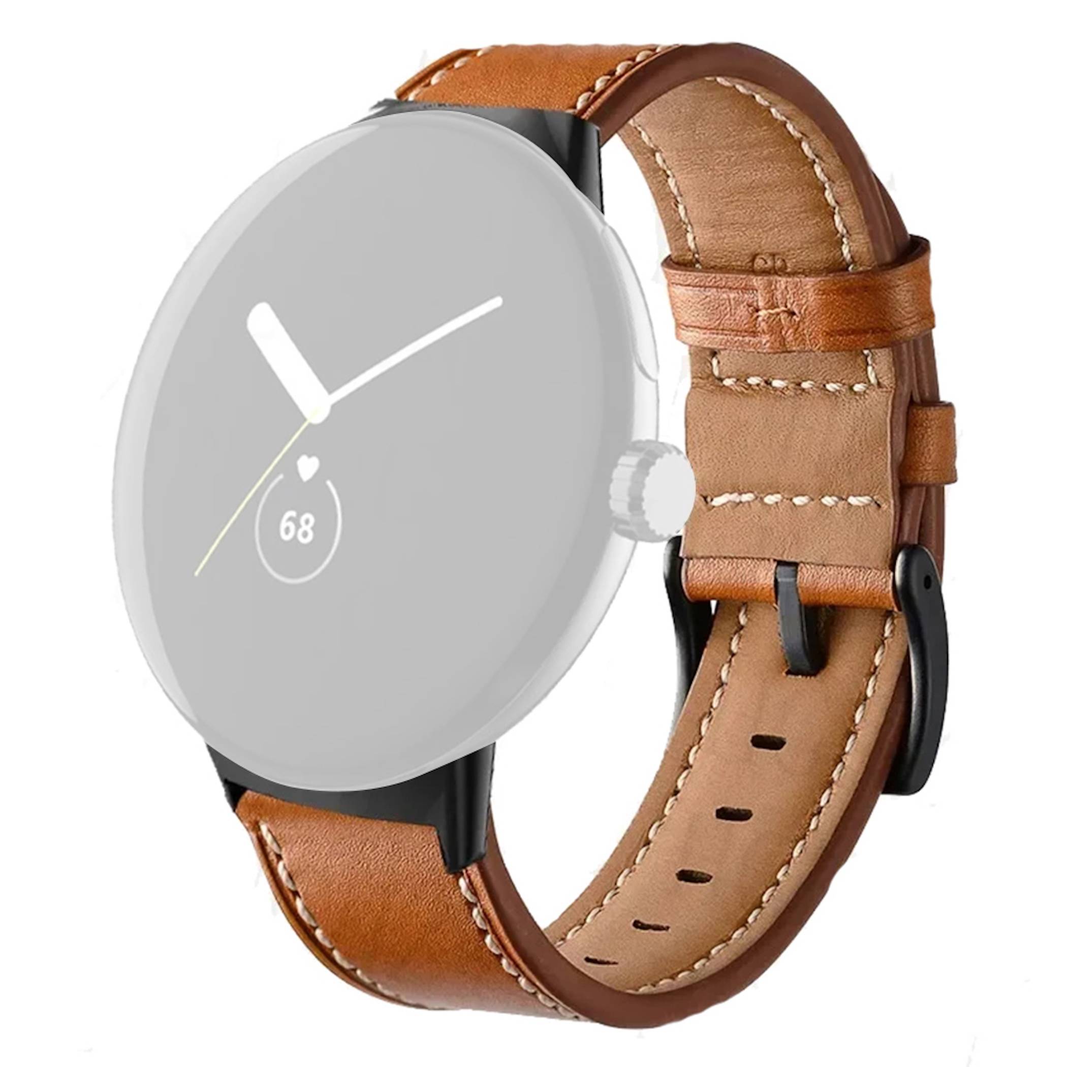 Runde silberne Smartwatch mit braunem Lederarmband, von der Seite auf weißem Hintergrund dargestellt, zeigt ein einfaches analoges Ziffernblatt und Herzfrequenz „68