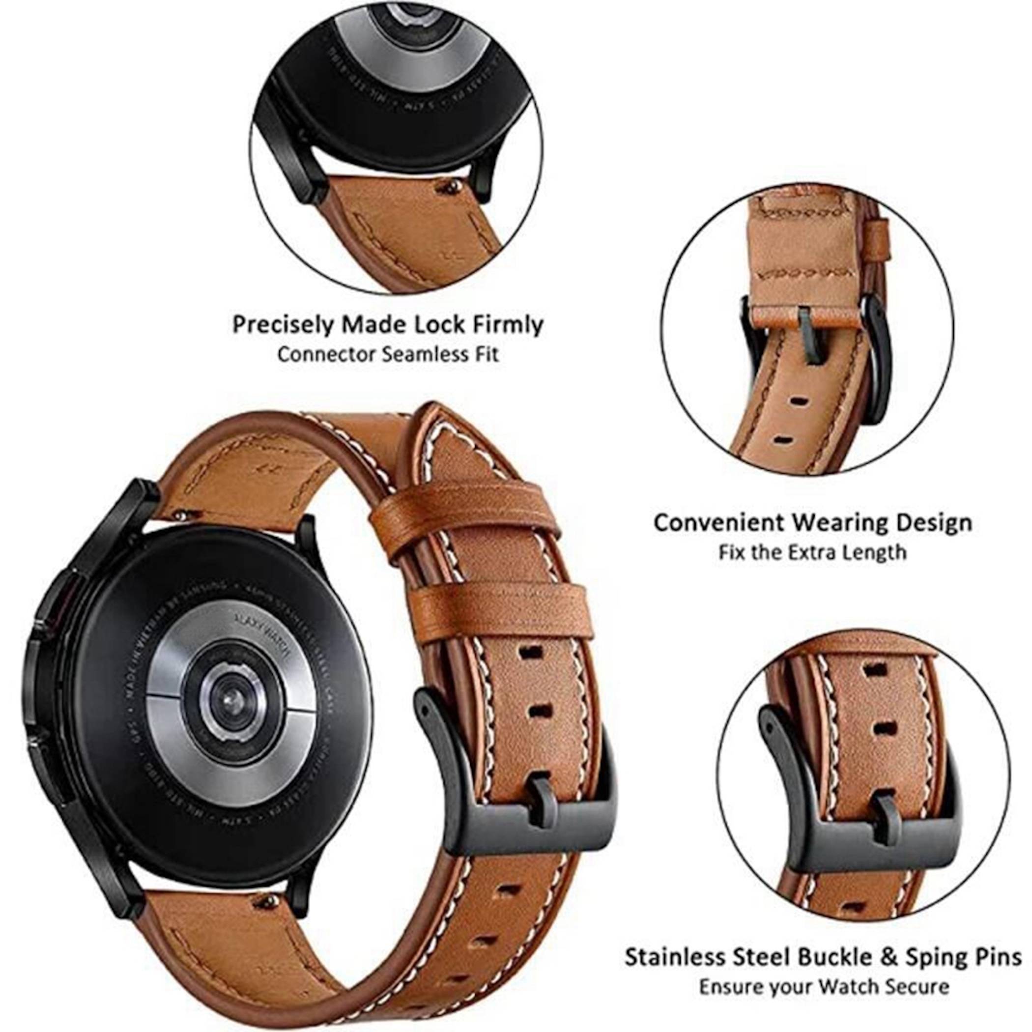 Lederuhr armband mit schwarzem Adapter und Edelstahlschnalle, gezeigt mit Nahaufnahmen, die den sicheren Verbinder, die zusätzliche Länge und die Federstifte hervorheben.
