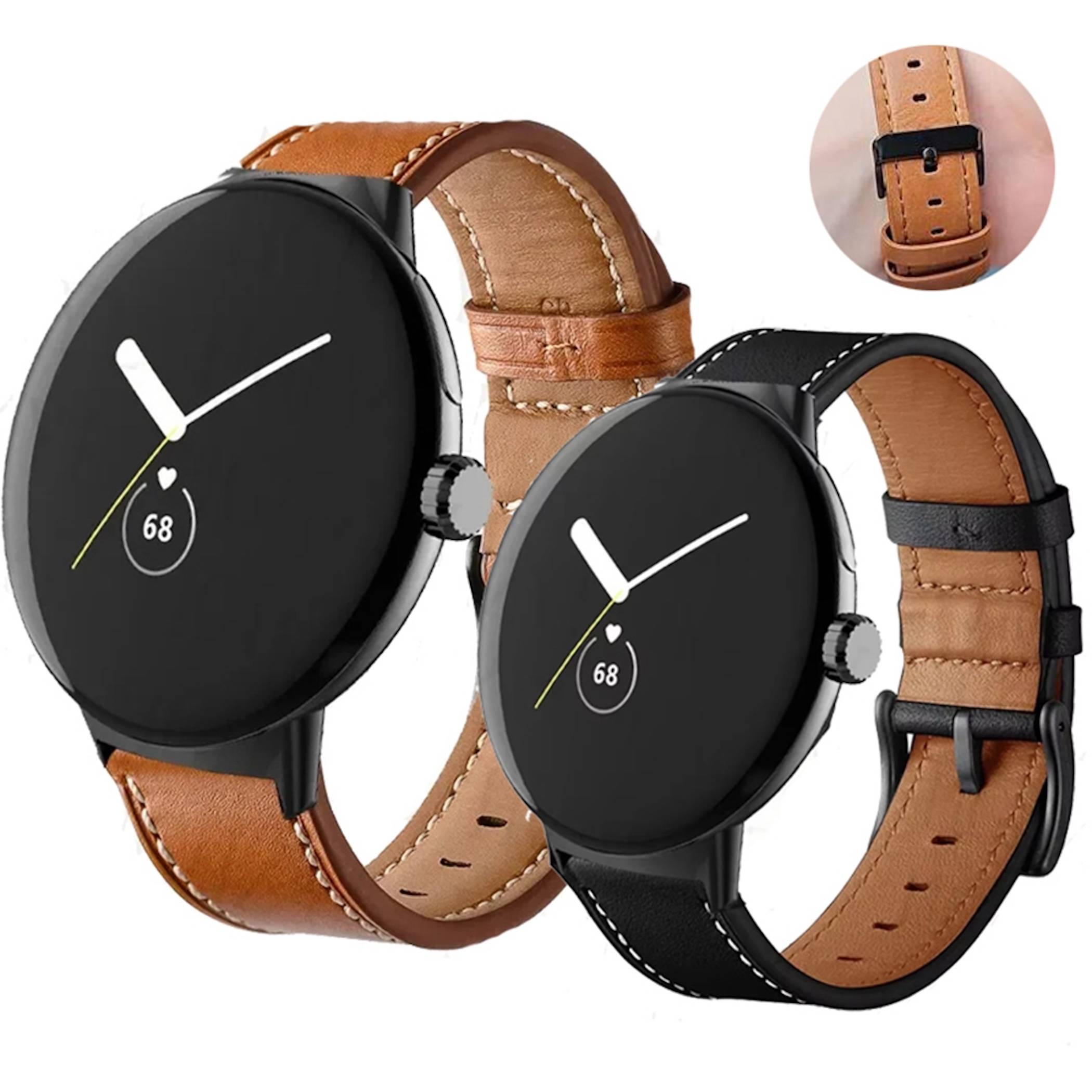 Zwei runde Smartwatches mit Lederbändern, gezeigt in Schwarz und Braun, mit einer Nahaufnahme des Riemenverschlusses und der Perforationen.