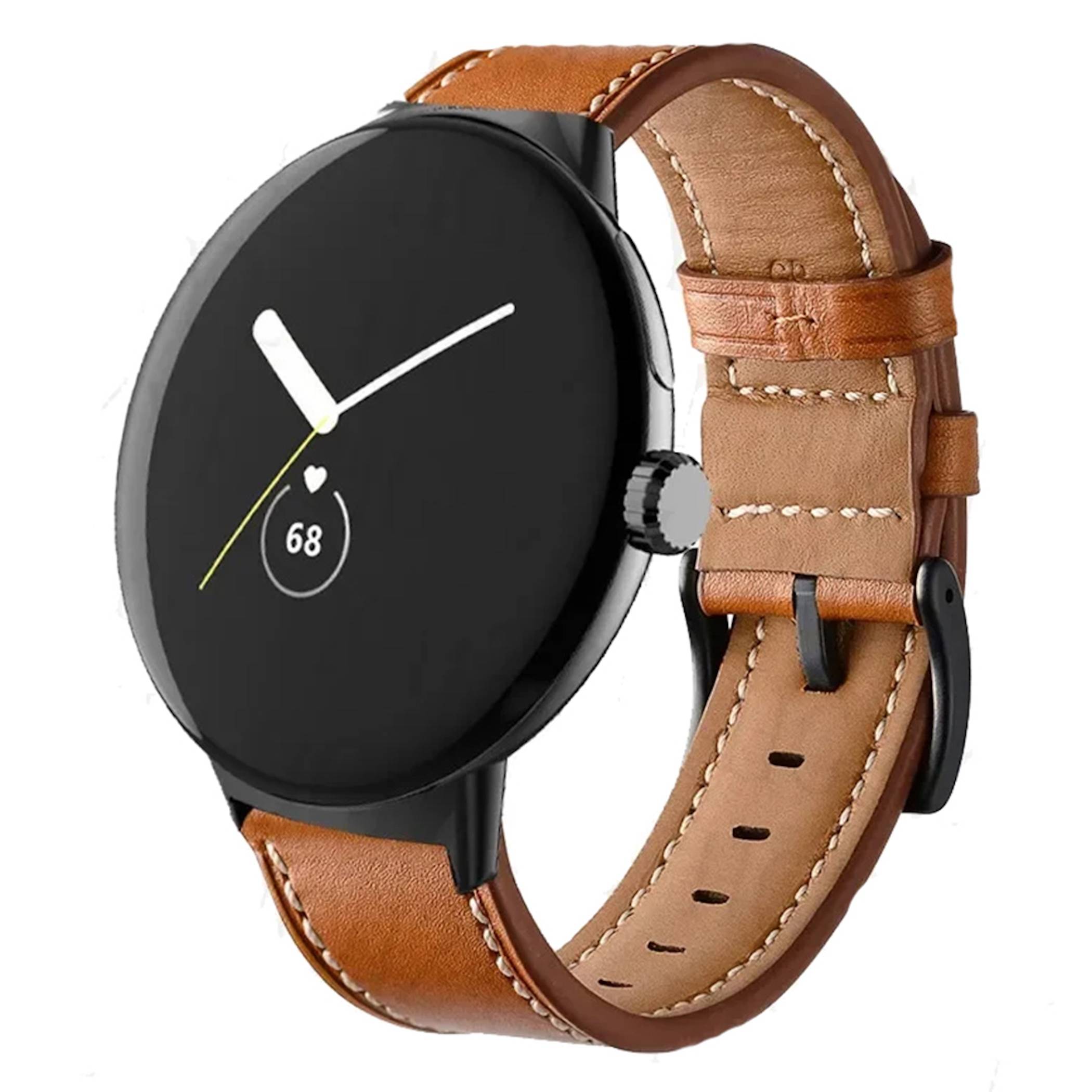 Runde schwarze Smartwatch mit minimalem analog-Stil-Display und Herzfrequenz „68", gezeigt auf einem beigen Lederarmband.