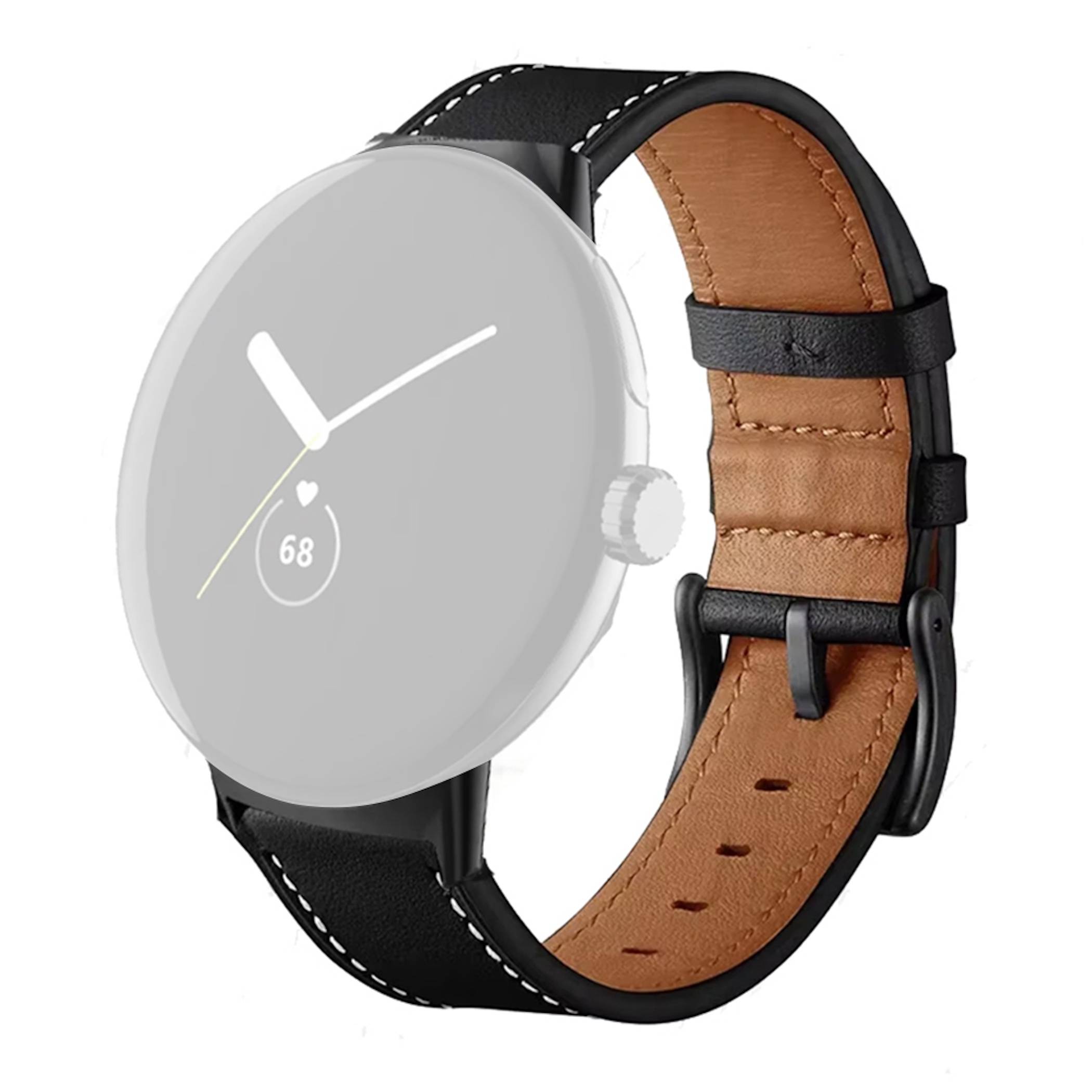 Runde Armbanduhr mit silbernem Zifferblatt im minimalistischen Design, schwarzem Gehäuse und schwarz-beigem Lederarmband auf weißem Hintergrund.