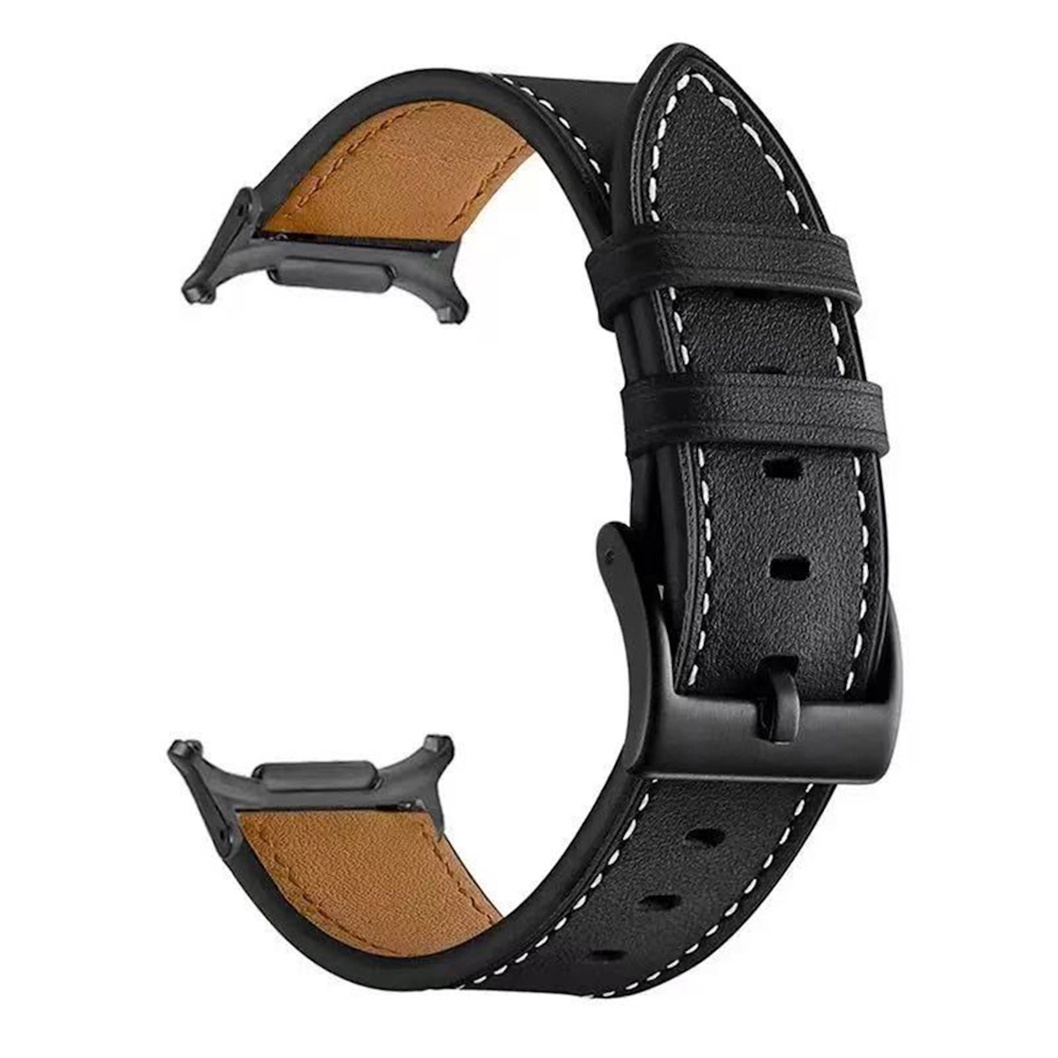Schwarzes Lederuhrarmband mit weißer Naht und hellbrauner Unterseite, isoliert auf weißem Hintergrund dargestellt.