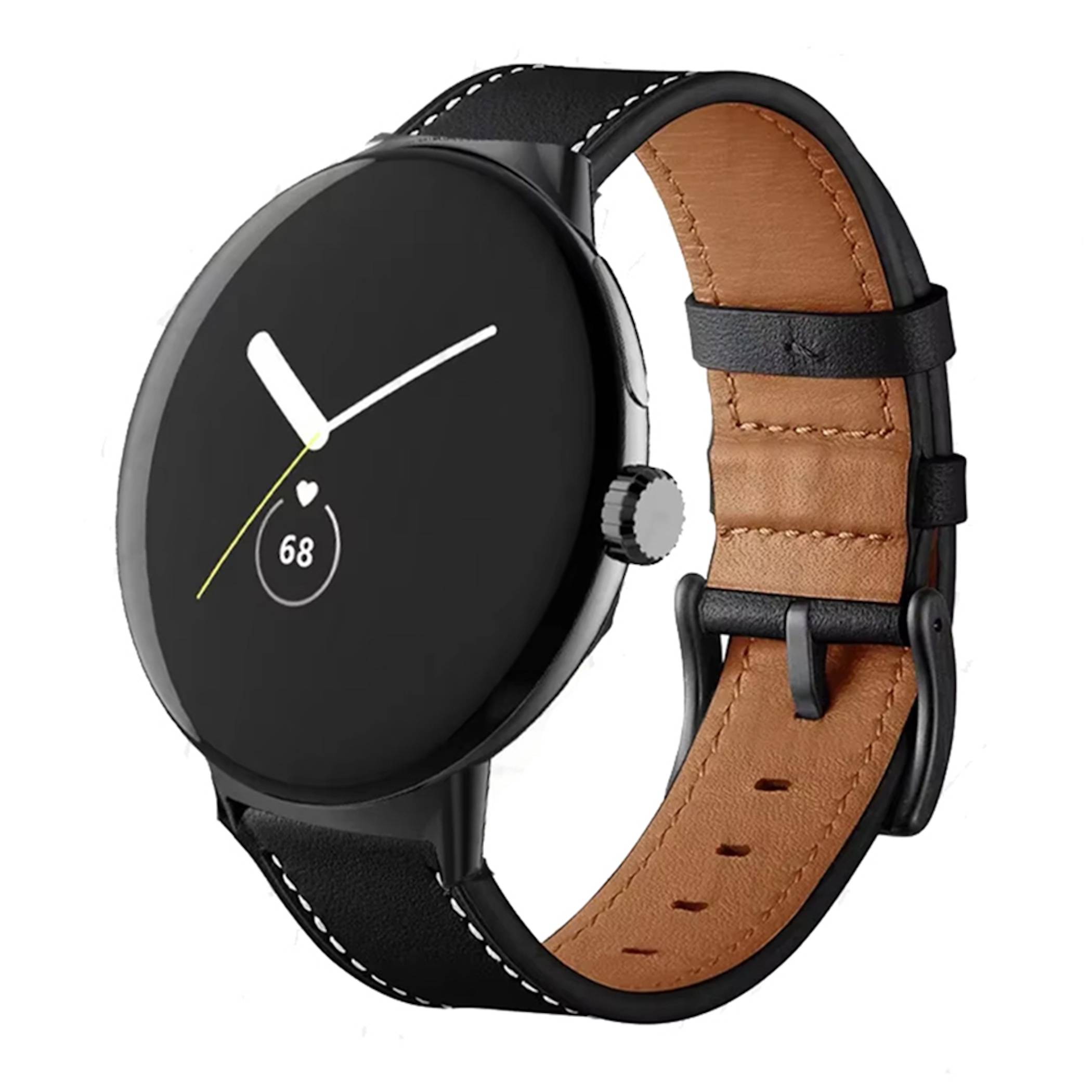 Schwarze runde Smartwatch mit hellbraunem Lederarmband, zeigt ein minimalistisches, analoges Zifferblatt und einen Herzfrequenzwert von 68.