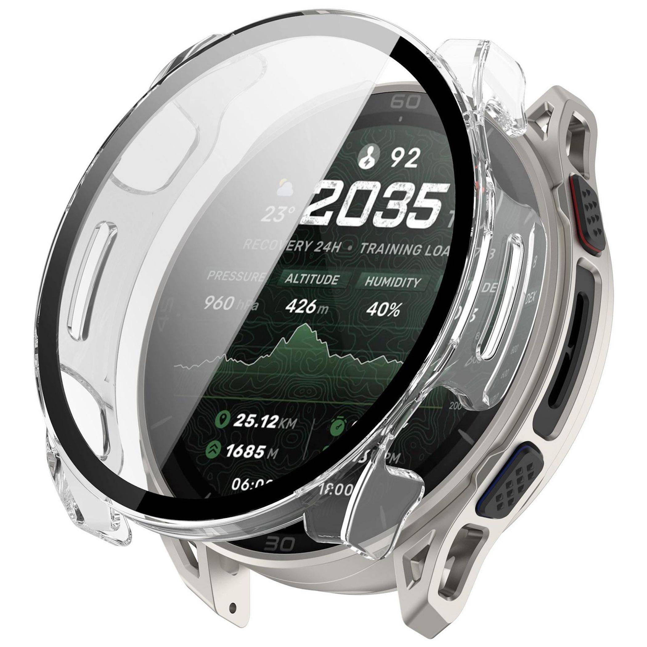 Transparente Schutzhülle auf einer runden Smartwatch mit Fitness-Dashboard, das die Uhrzeit 20:35, Schritte, Höhe, Luftfeuchtigkeit und Herzfrequenz anzeigt.