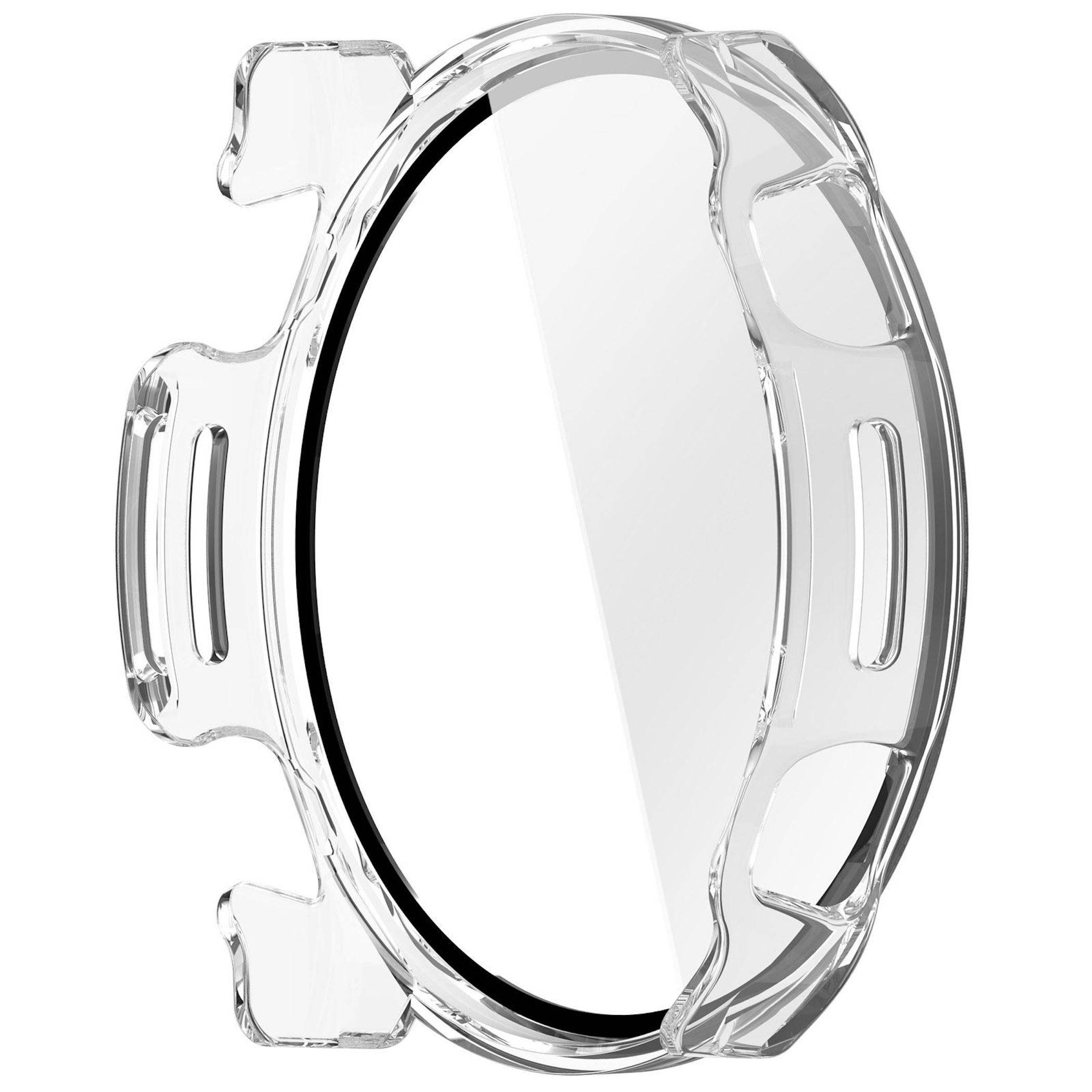 Transparente Schutzabdeckung oder Schutzhülle für ein rundes Uhrengehäuse, shown in Seitenansicht auf weißem Hintergrund.