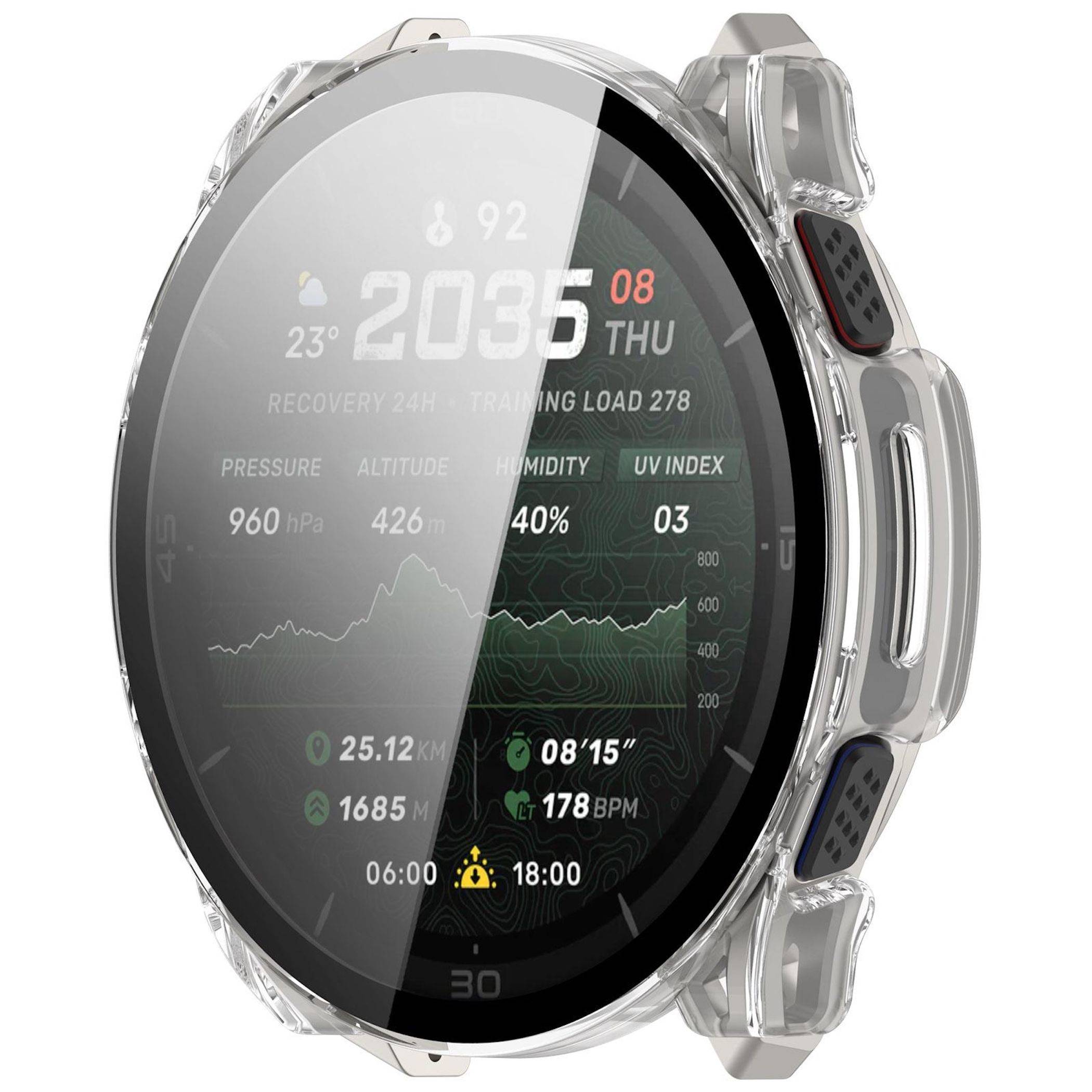 Eine runde silberne Smartwatch mit einem digitalen Gesundheits-Dashboard, das die Uhrzeit 20:35, das Wetter, den Luftdruck, die Luftfeuchtigkeit, den UV-Index, die Schritte, die Herzfrequenz und die Aktivitätsstatistiken anzeigt.