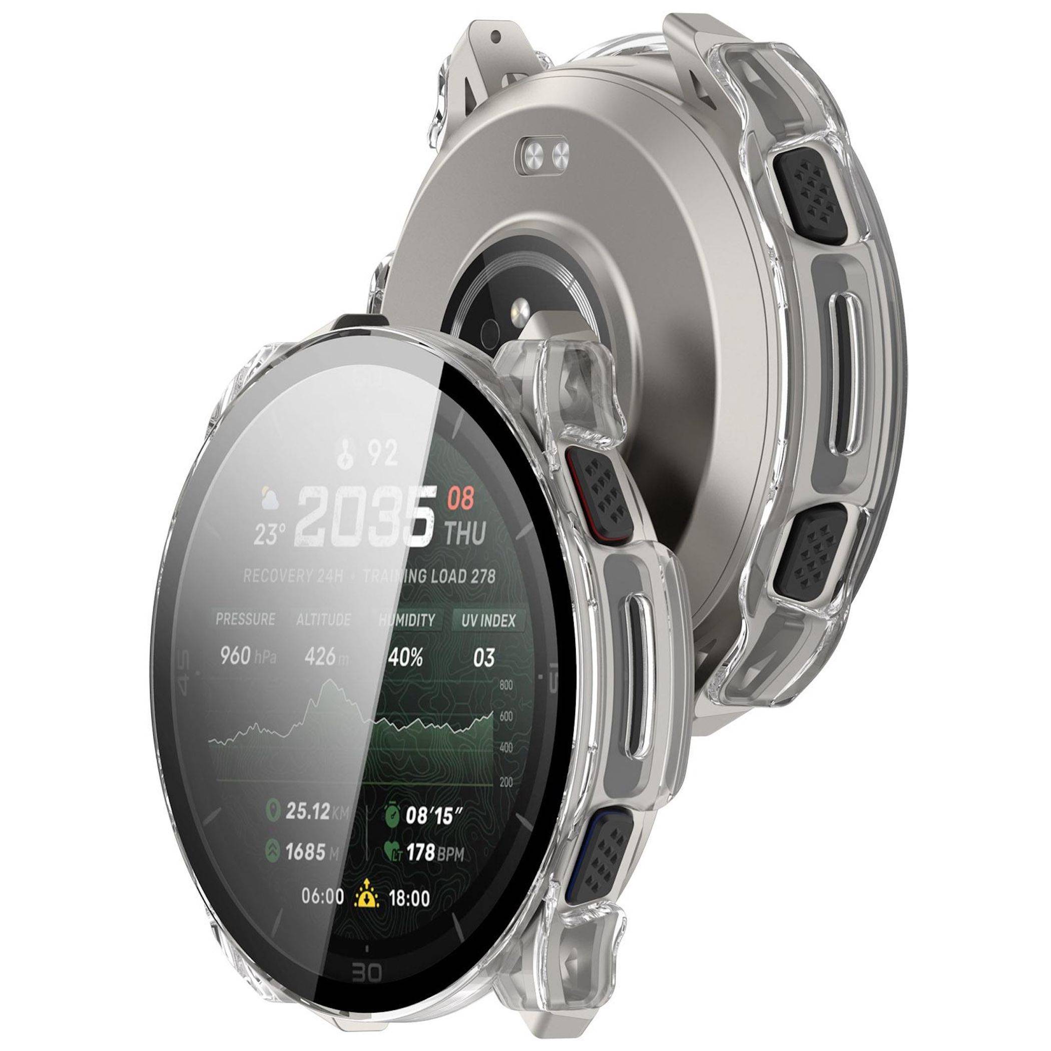 Zwei robuste Smartwatches aus Silber, gezeigt in Front- und Rückansicht, mit rundem Display, das Fitness- und Gesundheitsmetriken anzeigt.