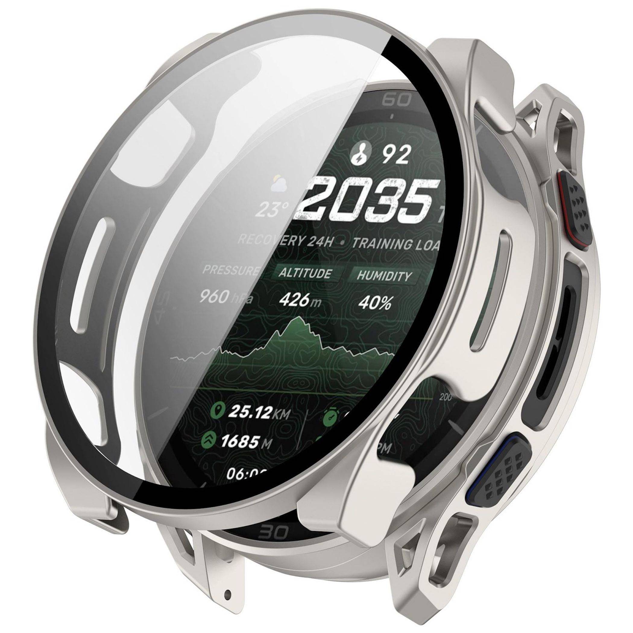 Futuristische runde Smartwatch mit transparentem Schutzrand, zeigt ein digitales Fitness-Dashboard mit Uhrzeit, Herzfrequenz, Wetter, Höhe, Luftfeuchtigkeit, Schritten und Aktivitätsmetriken.