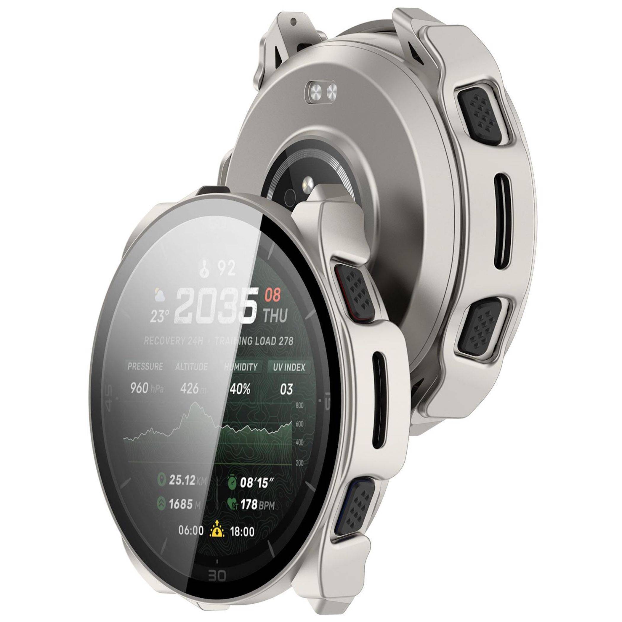 Zwei silberne runde Smartwatches, von vorne und hinten gezeigt, mit einem digitalen Display, das die Uhrzeit, das Datum, Wetterdaten, Gesundheitsstatistiken und Aktivitätsdaten anzeigt.